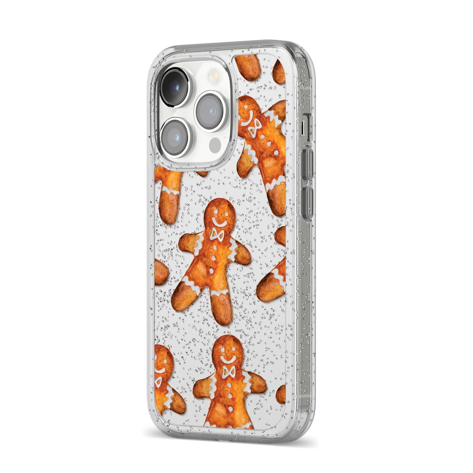 Christmas Gingerbread Man iPhone 14 Pro Glitter Tough Case Silver Angled Image