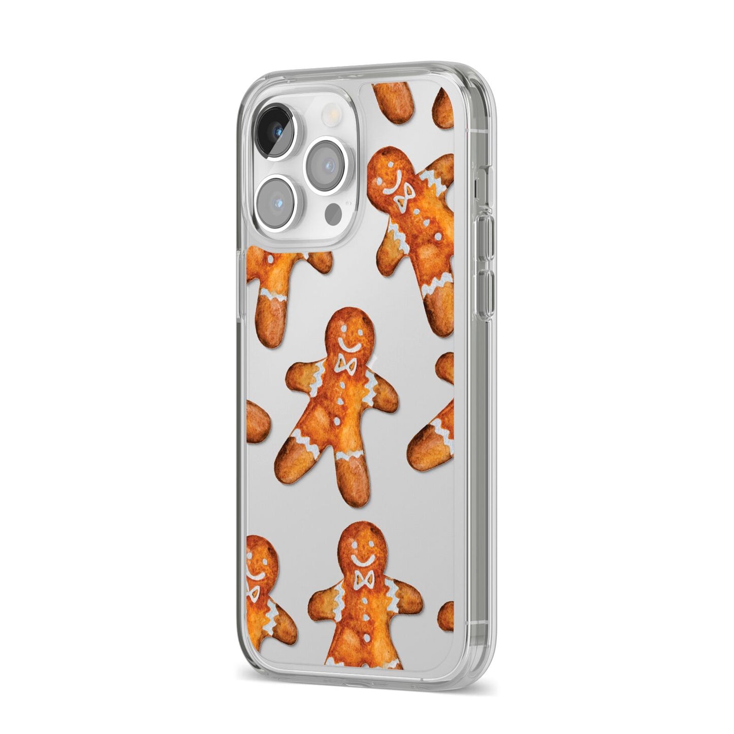 Christmas Gingerbread Man iPhone 14 Pro Max Clear Tough Case Silver Angled Image