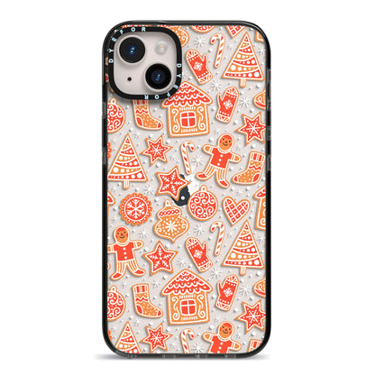 Christmas Gingerbread iPhone 14 Plus Black Impact Case on Silver phone