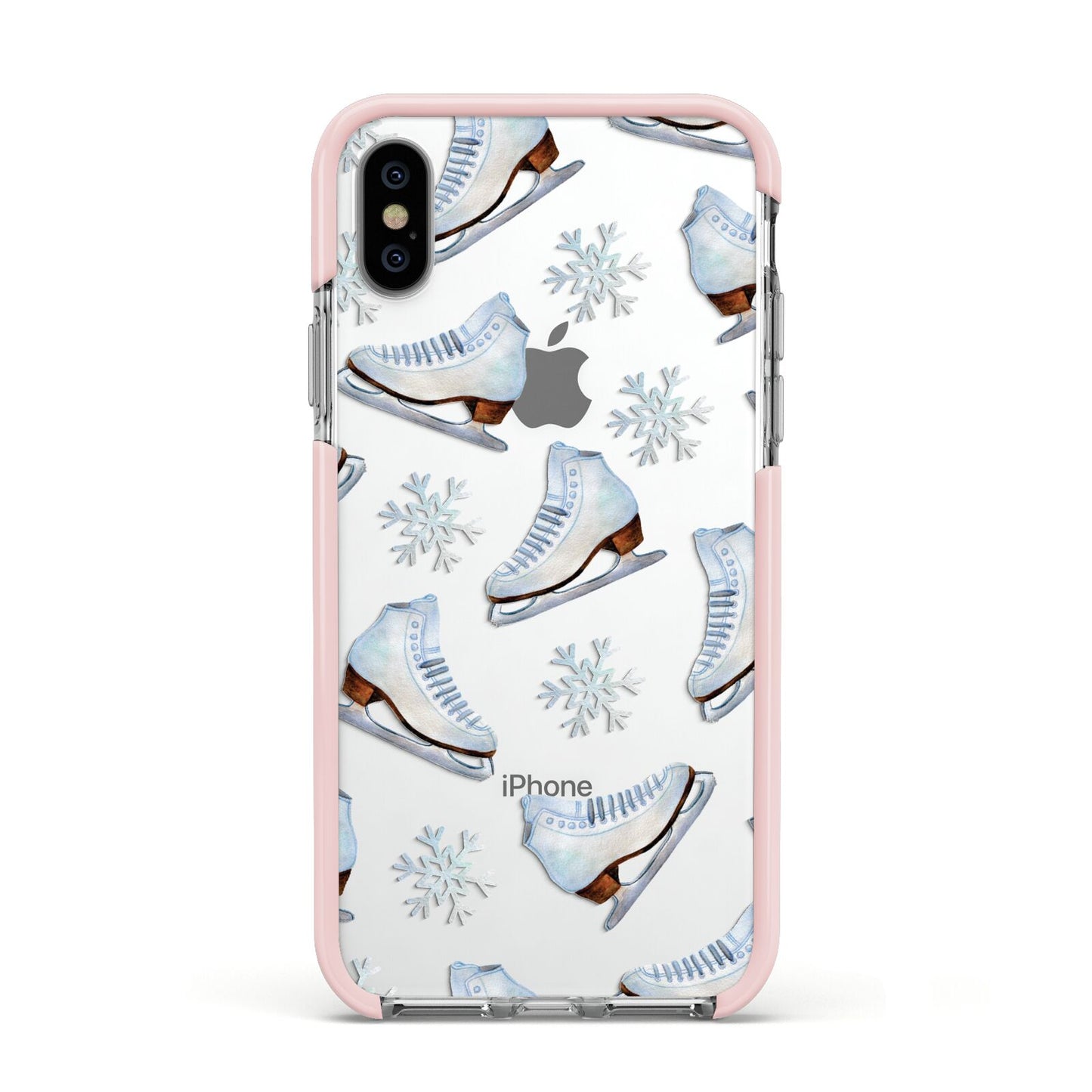 Christmas Ice Skates Apple iPhone Xs Impact Case Pink Edge on Silver Phone
