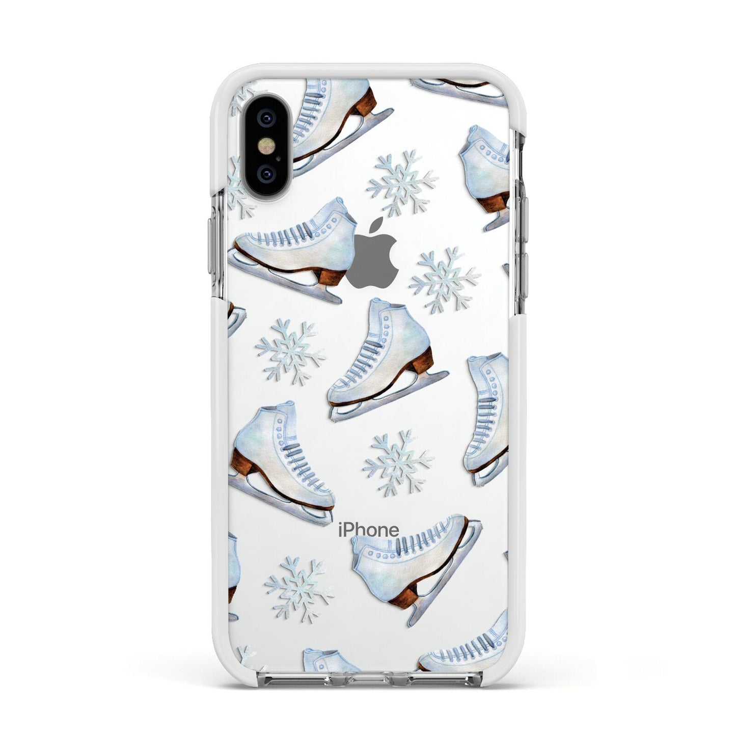 Christmas Ice Skates Apple iPhone Xs Impact Case White Edge on Silver Phone