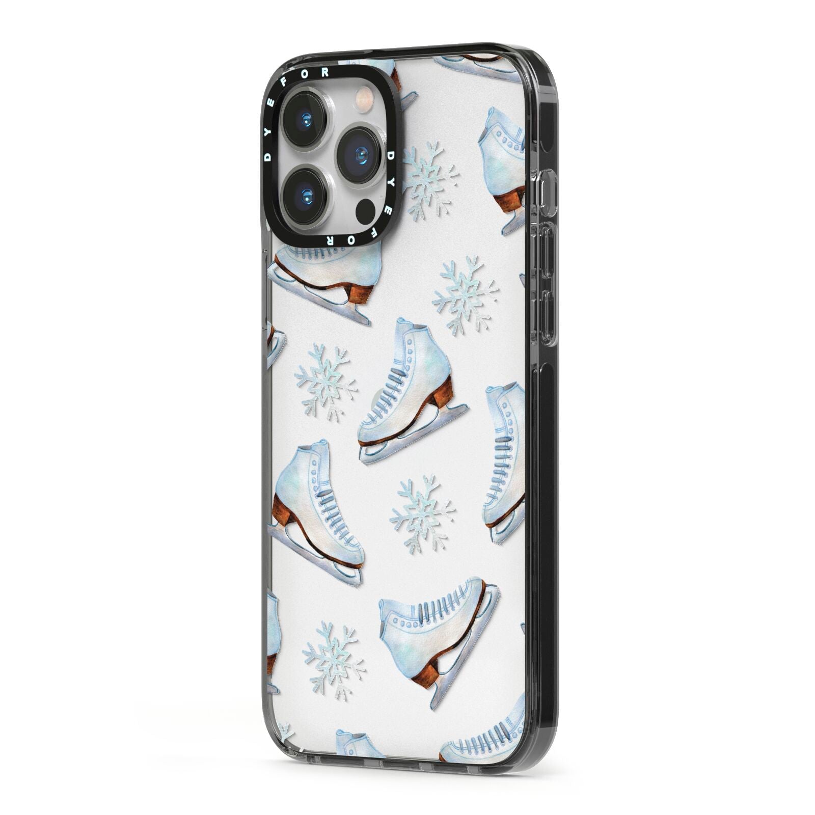 Christmas Ice Skates iPhone 13 Pro Max Black Impact Case Side Angle on Silver phone