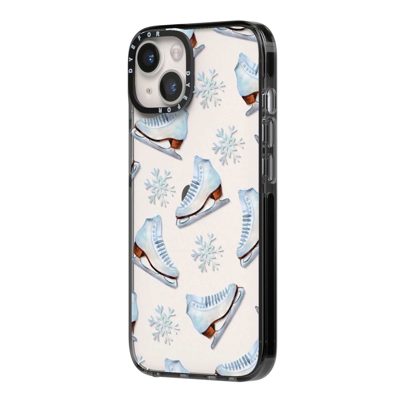 Christmas Ice Skates iPhone 14 Black Impact Case Side Angle on Silver phone