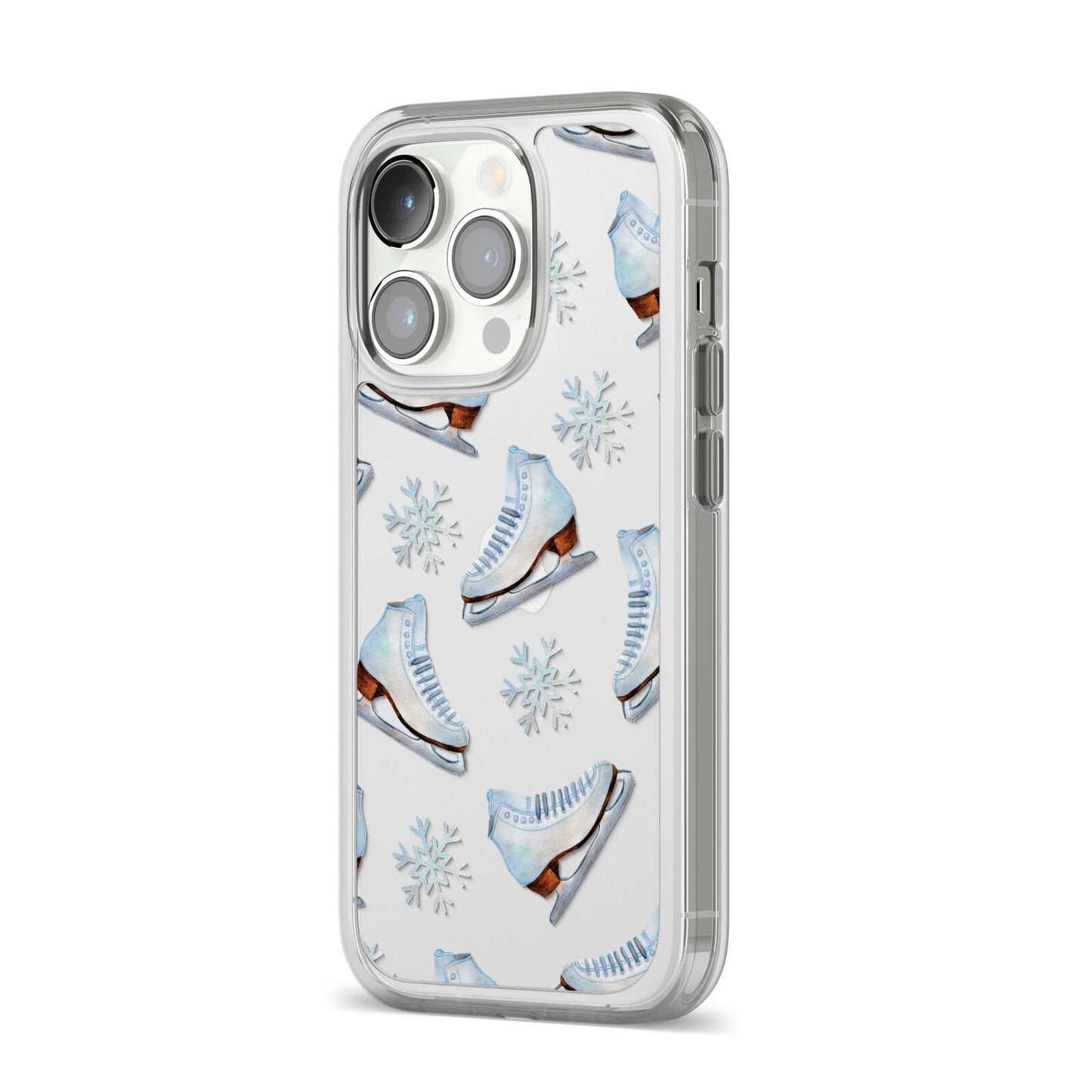 Christmas Ice Skates iPhone 14 Pro Clear Tough Case Silver Angled Image