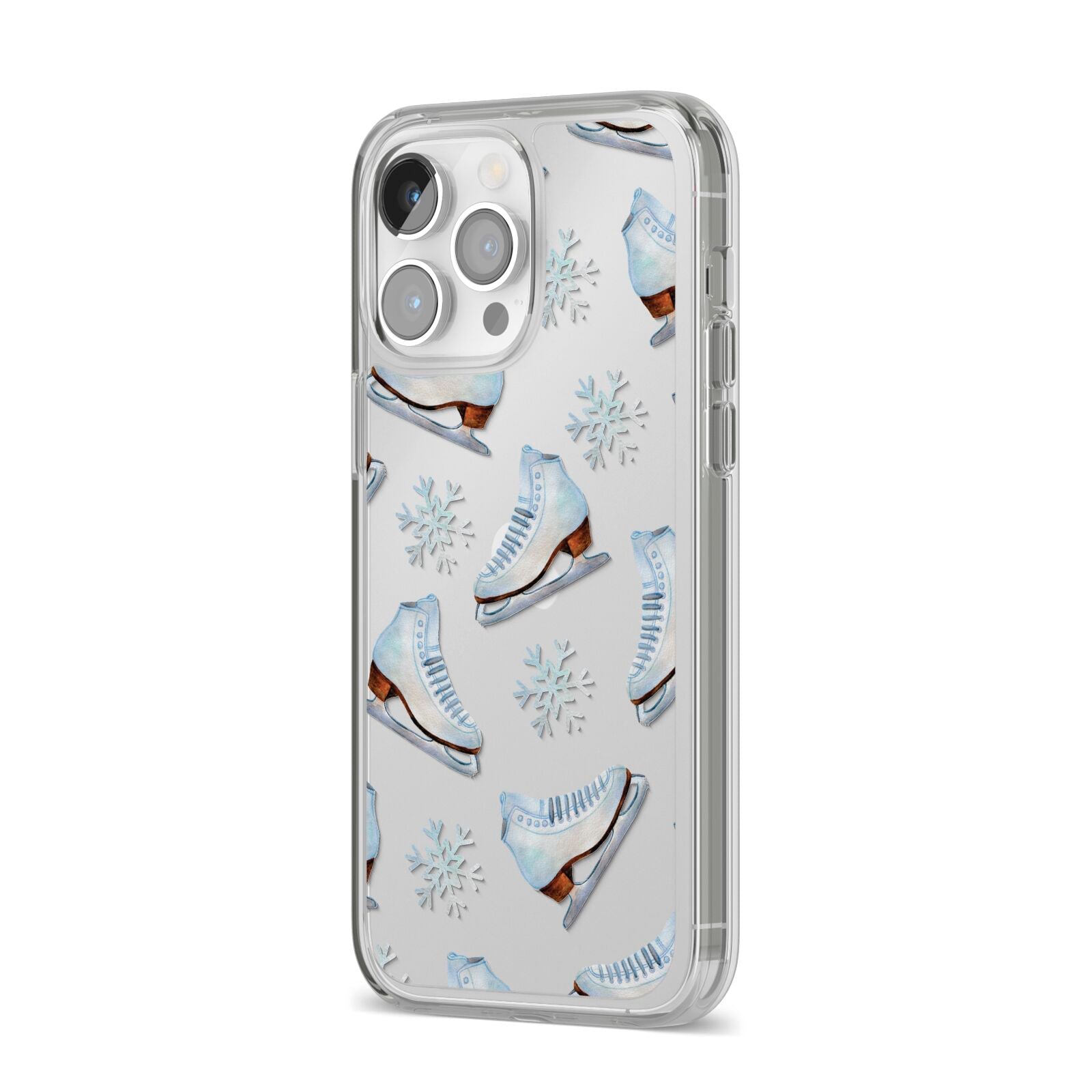 Christmas Ice Skates iPhone 14 Pro Max Clear Tough Case Silver Angled Image