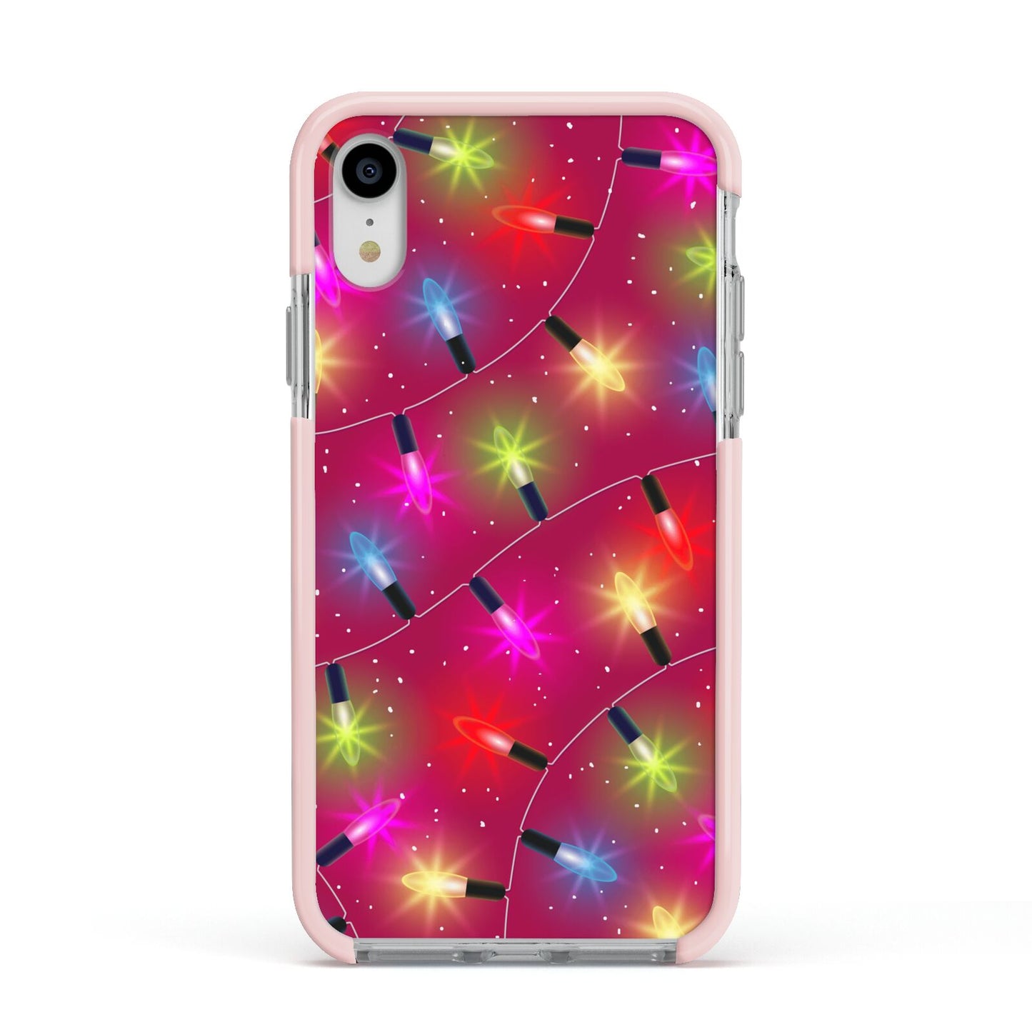 Christmas Lights Apple iPhone XR Impact Case Pink Edge on Silver Phone