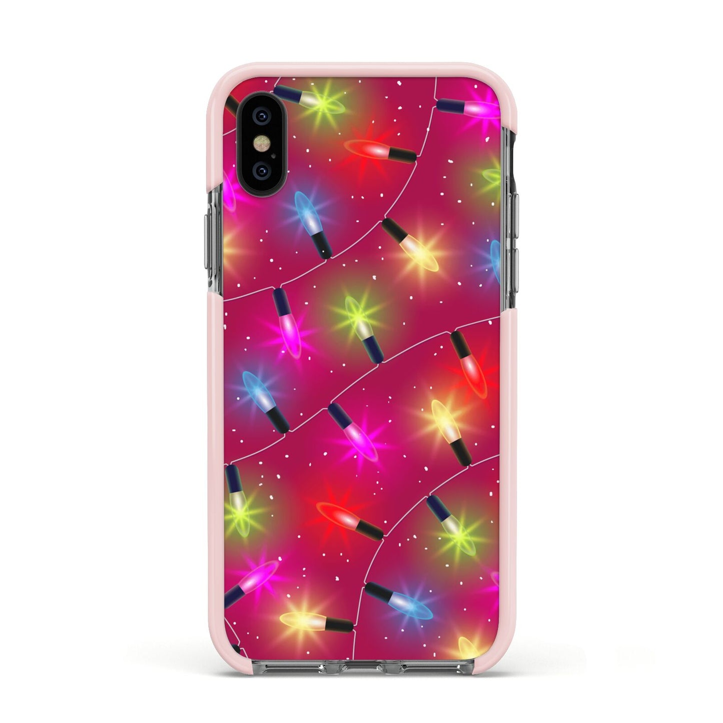 Christmas Lights Apple iPhone Xs Impact Case Pink Edge on Black Phone