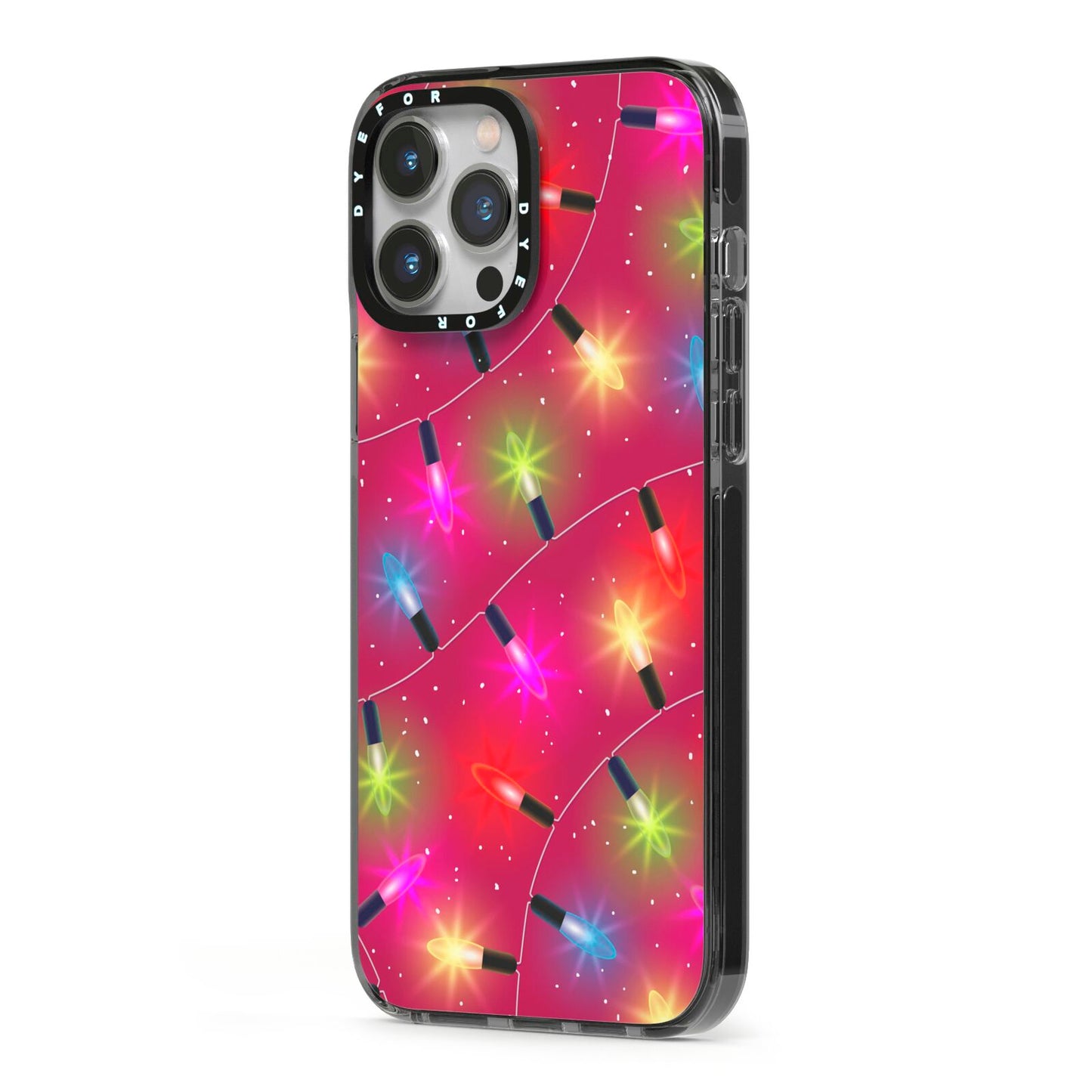 Christmas Lights iPhone 13 Pro Max Black Impact Case Side Angle on Silver phone