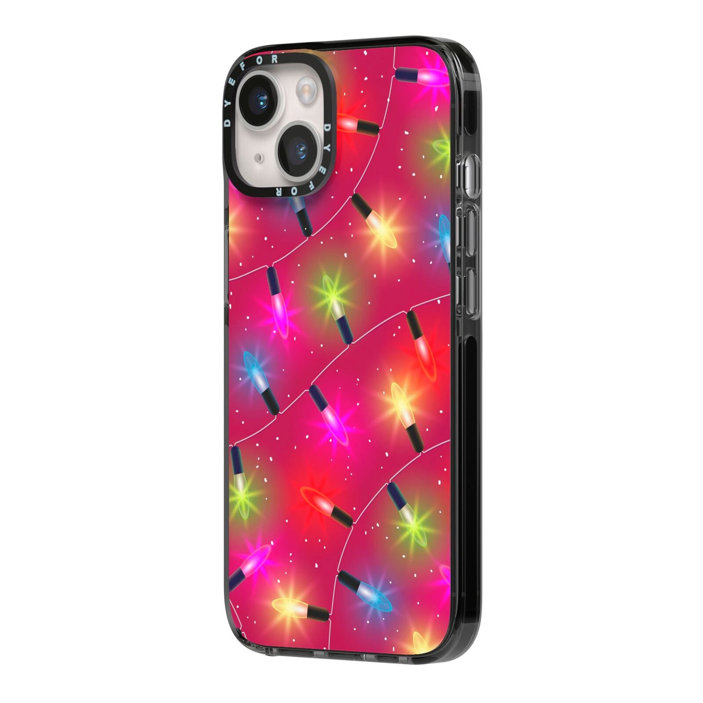 Christmas Lights iPhone 14 Black Impact Case Side Angle on Silver phone
