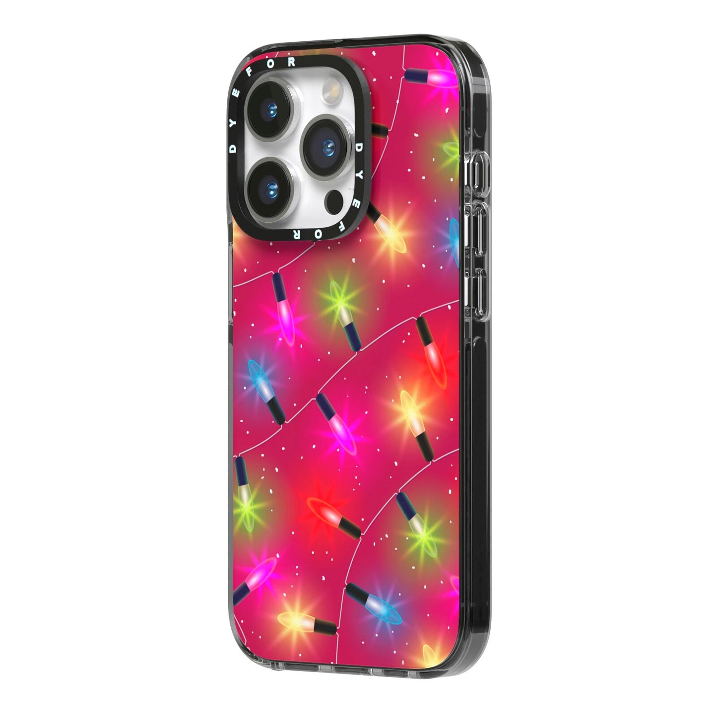 Christmas Lights iPhone 14 Pro Black Impact Case Side Angle on Silver phone