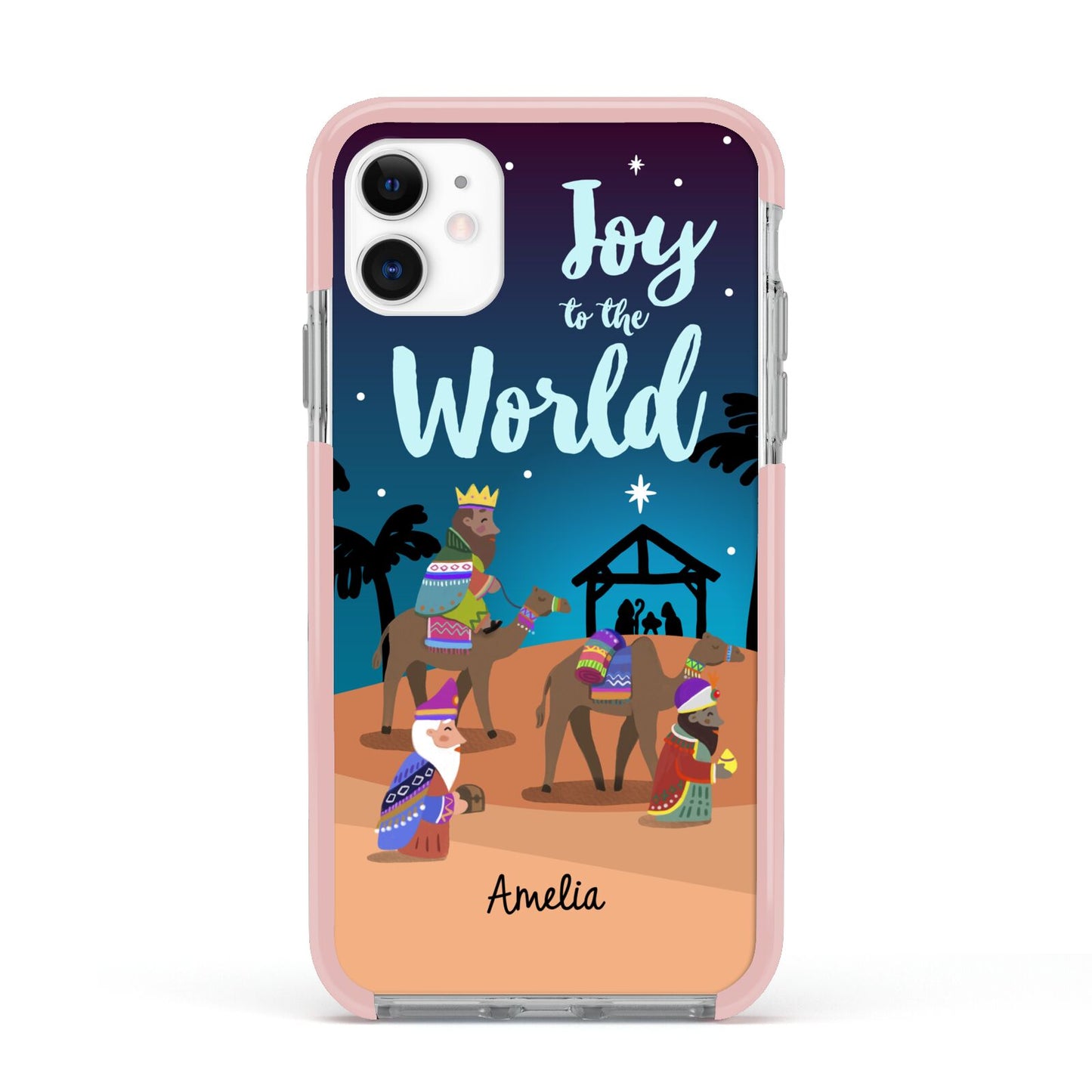 Christmas Nativity Scene with Name Apple iPhone 11 in White with Pink Impact Case