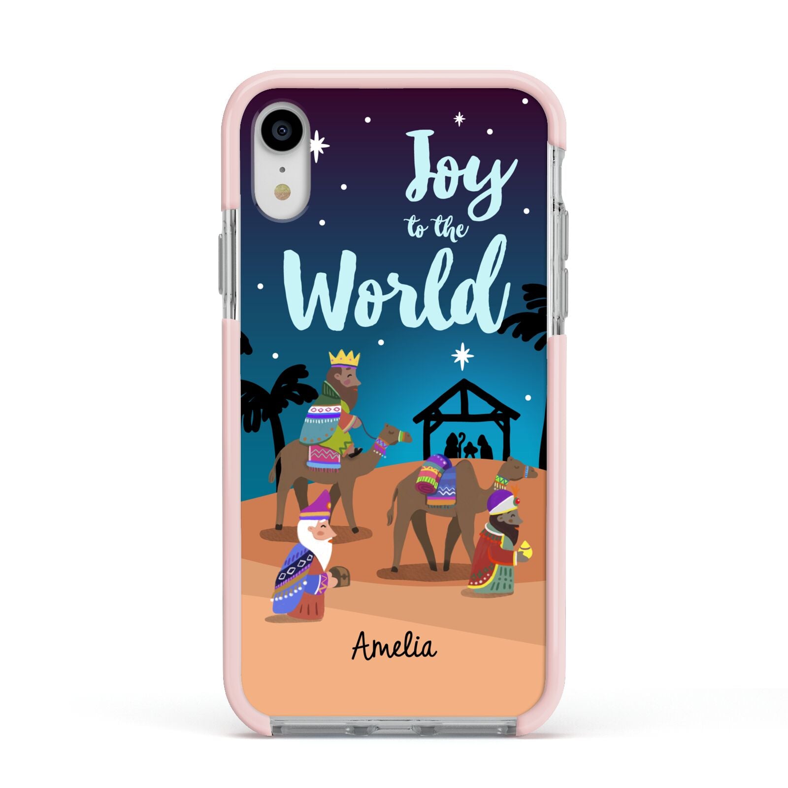Christmas Nativity Scene with Name Apple iPhone XR Impact Case Pink Edge on Silver Phone