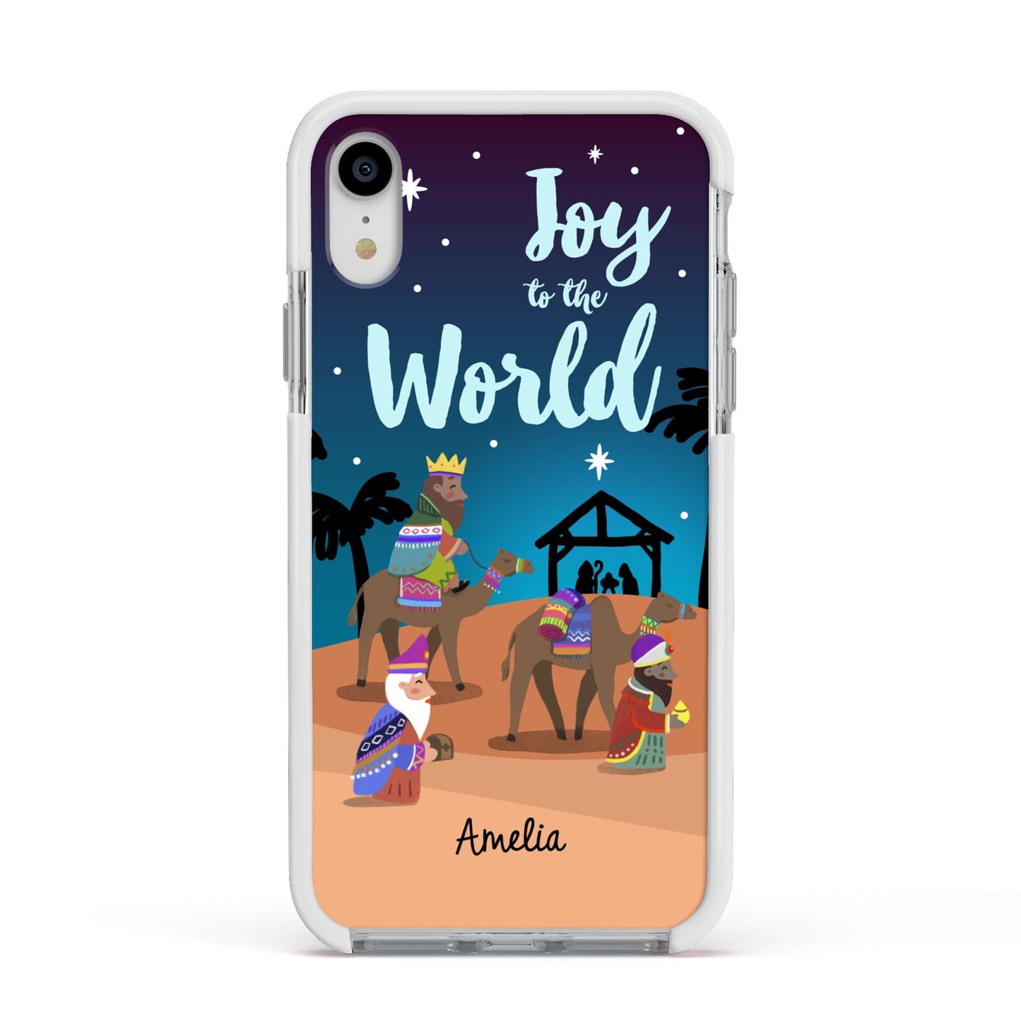 Christmas Nativity Scene with Name Apple iPhone XR Impact Case White Edge on Silver Phone