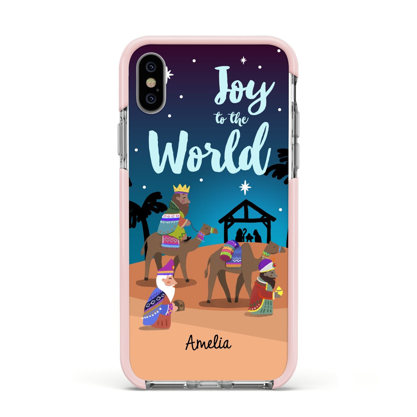 Christmas Nativity Scene with Name Apple iPhone Xs Impact Case Pink Edge on Silver Phone