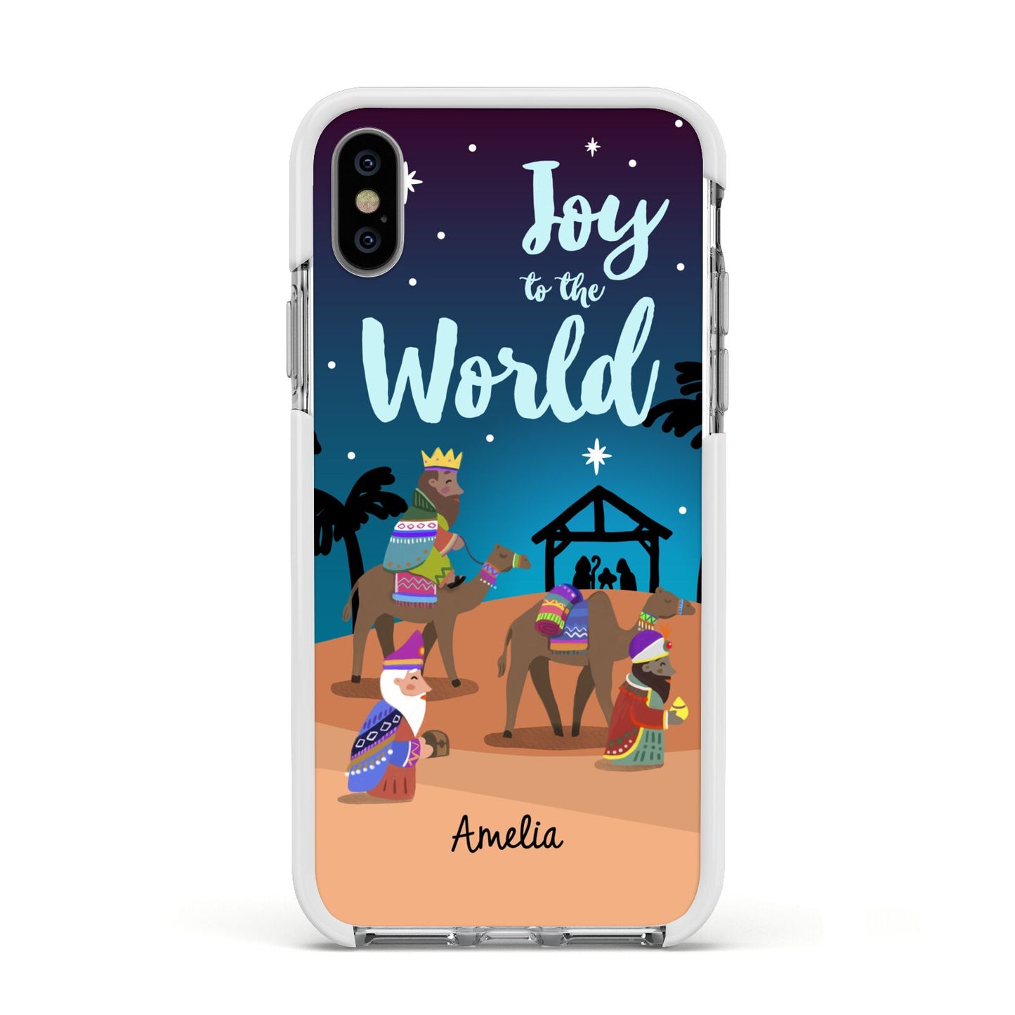 Christmas Nativity Scene with Name Apple iPhone Xs Impact Case White Edge on Silver Phone
