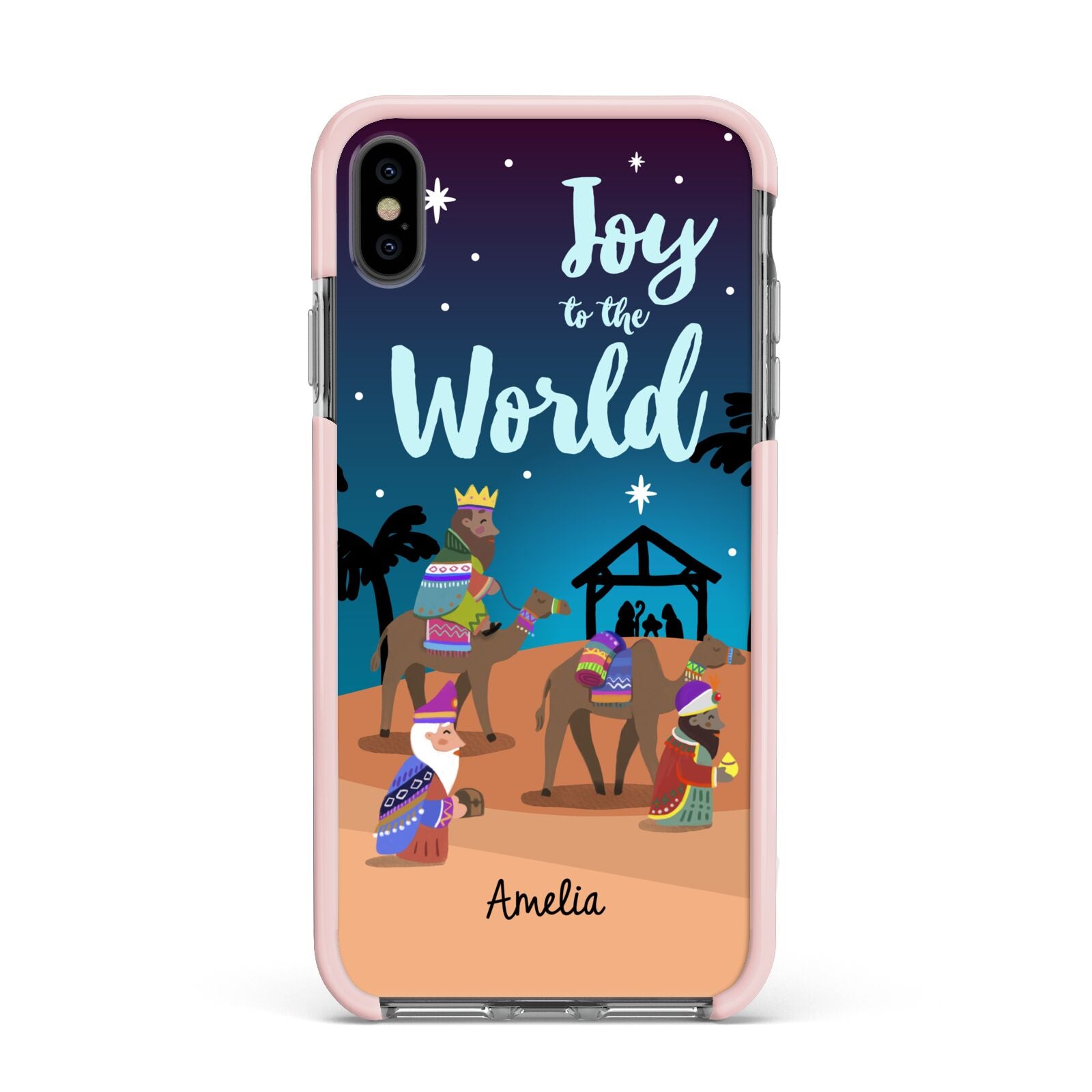 Christmas Nativity Scene with Name Apple iPhone Xs Max Impact Case Pink Edge on Black Phone