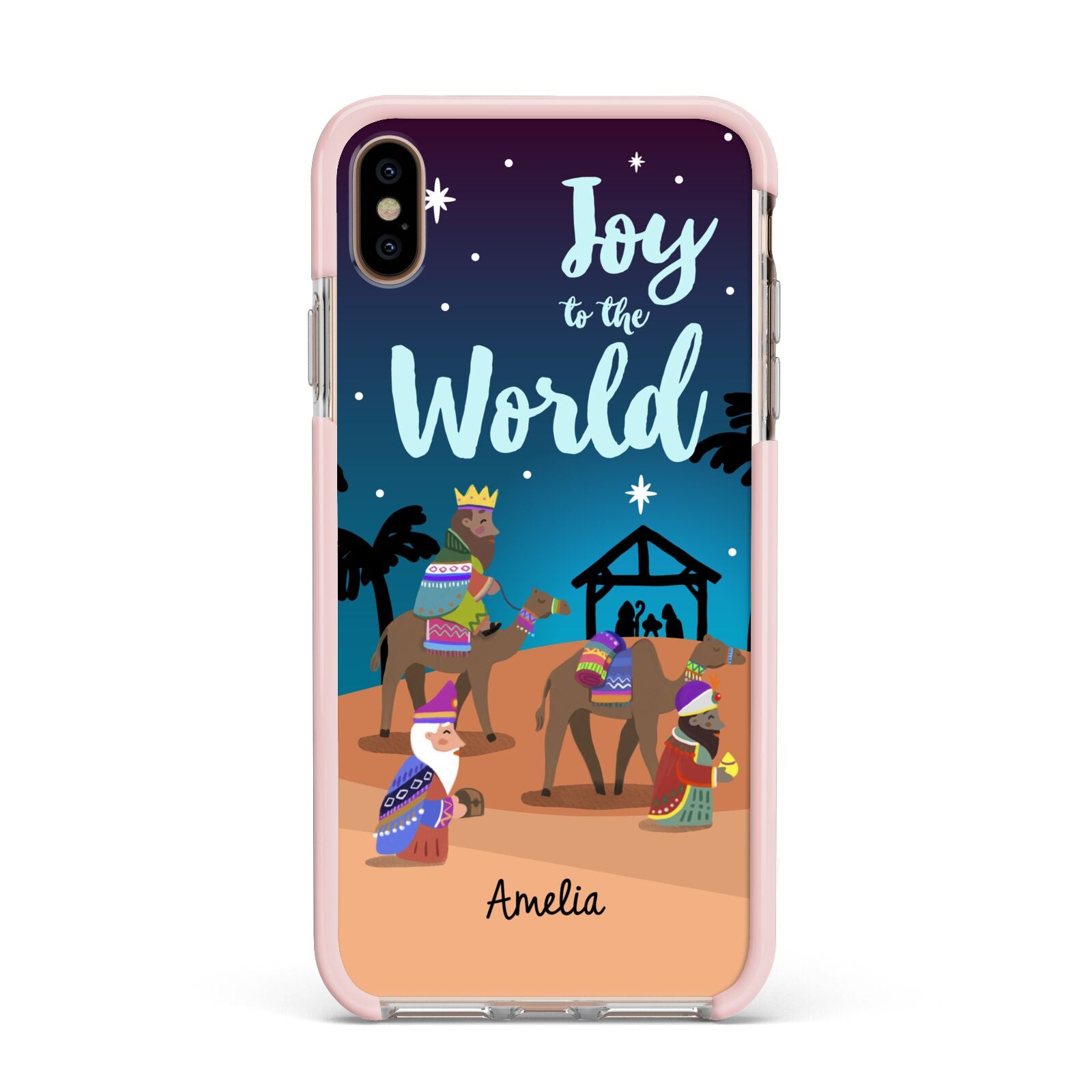 Christmas Nativity Scene with Name Apple iPhone Xs Max Impact Case Pink Edge on Gold Phone