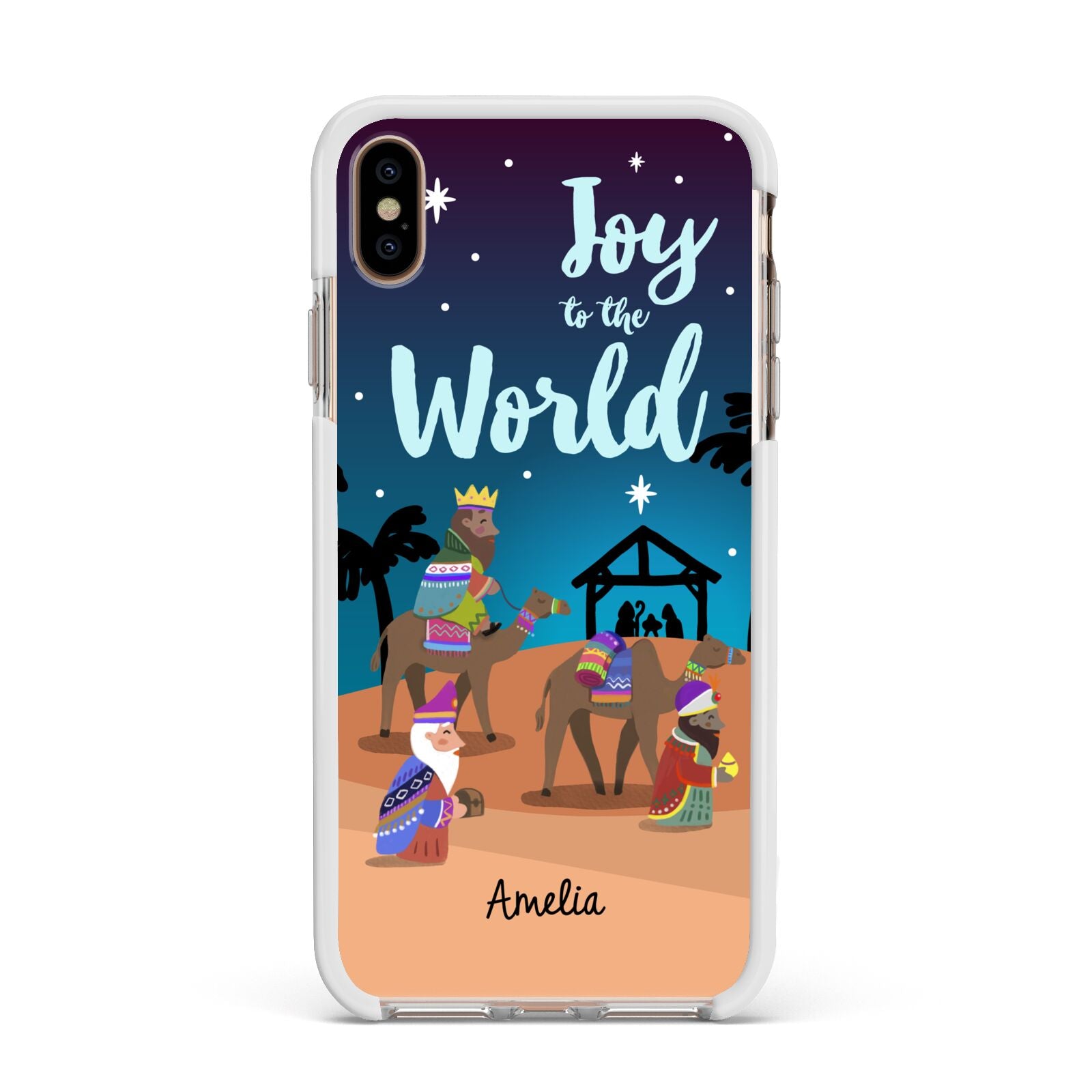 Christmas Nativity Scene with Name Apple iPhone Xs Max Impact Case White Edge on Gold Phone