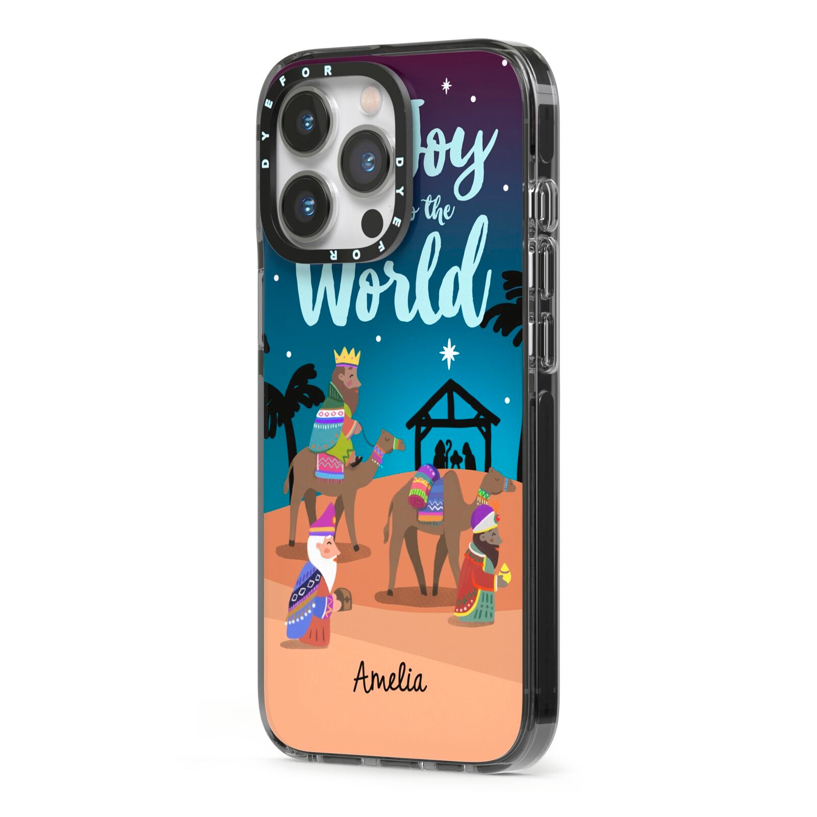 Christmas Nativity Scene with Name iPhone 13 Pro Black Impact Case Side Angle on Silver phone