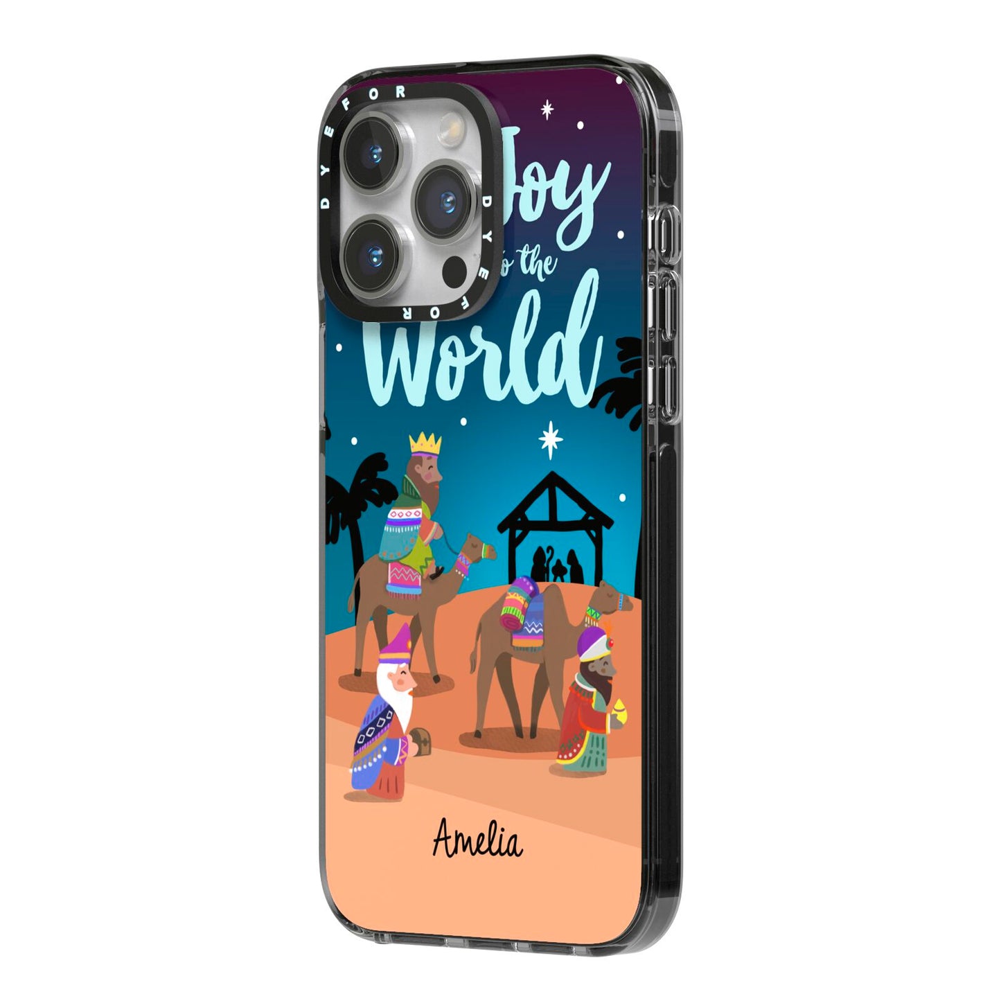 Christmas Nativity Scene with Name iPhone 14 Pro Max Black Impact Case Side Angle on Silver phone
