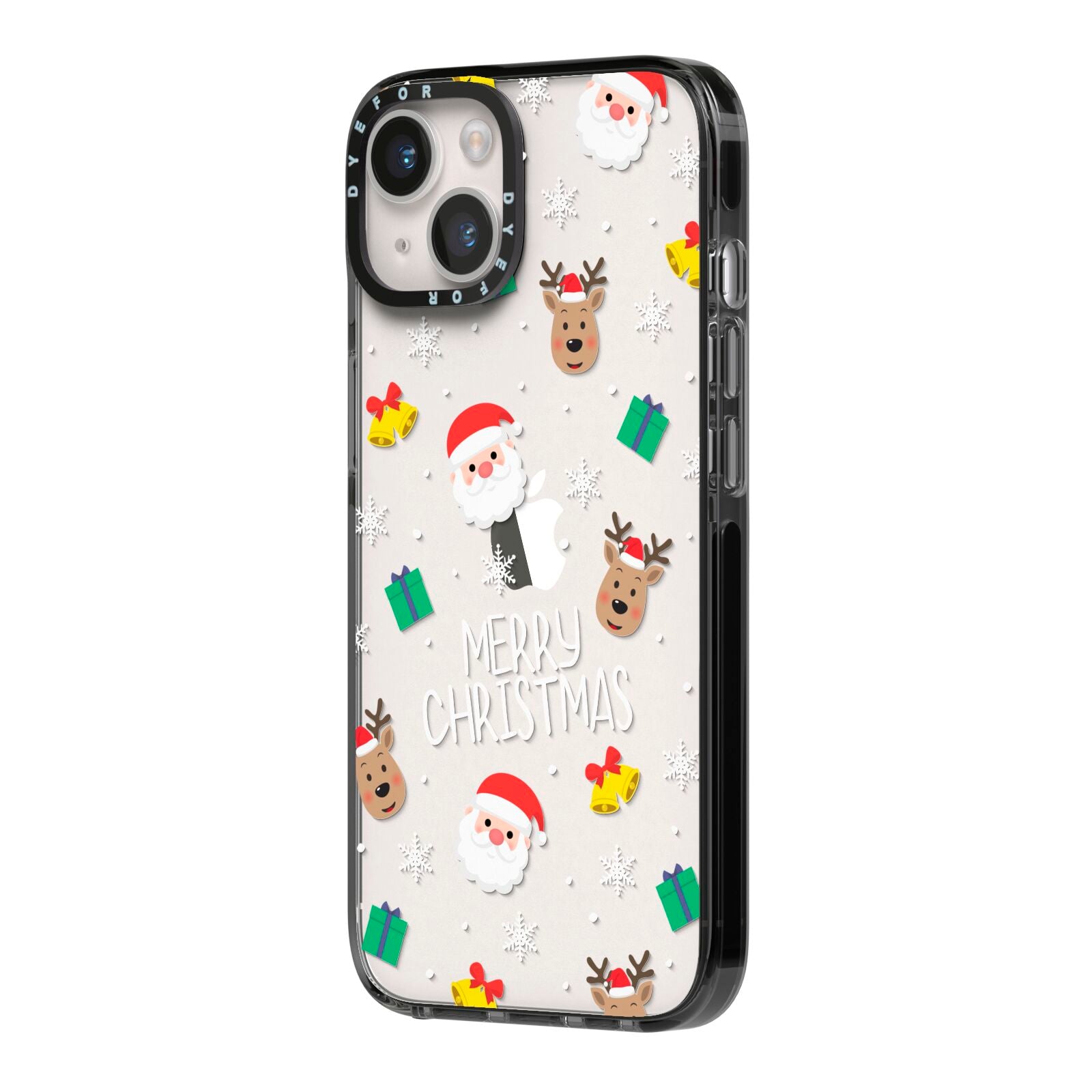 Christmas Pattern iPhone 14 Black Impact Case Side Angle on Silver phone