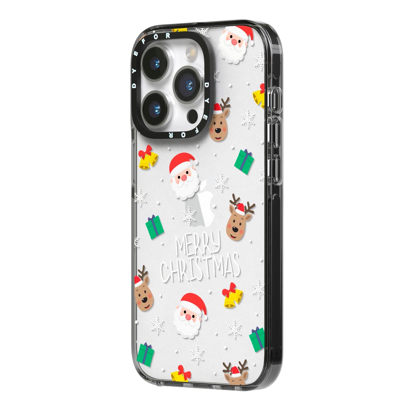 Christmas Pattern iPhone 14 Pro Black Impact Case Side Angle on Silver phone