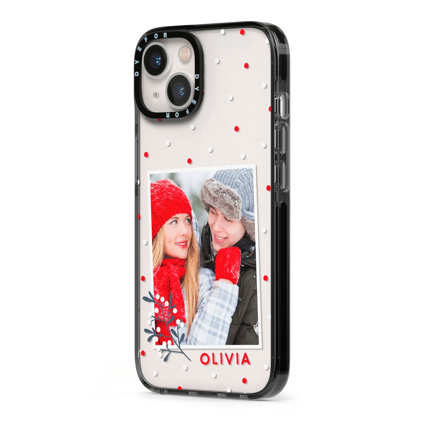 Christmas Personalised Photo iPhone 13 Black Impact Case Side Angle on Silver phone