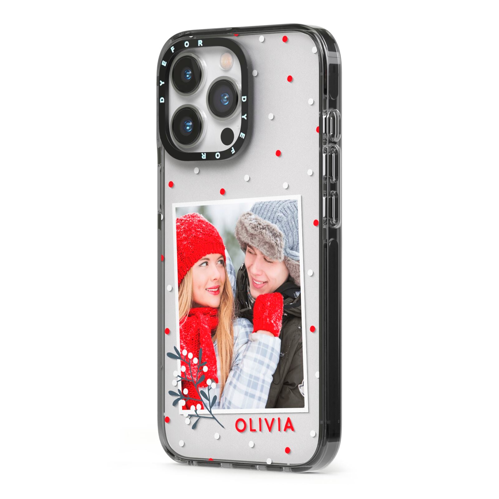 Christmas Personalised Photo iPhone 13 Pro Black Impact Case Side Angle on Silver phone