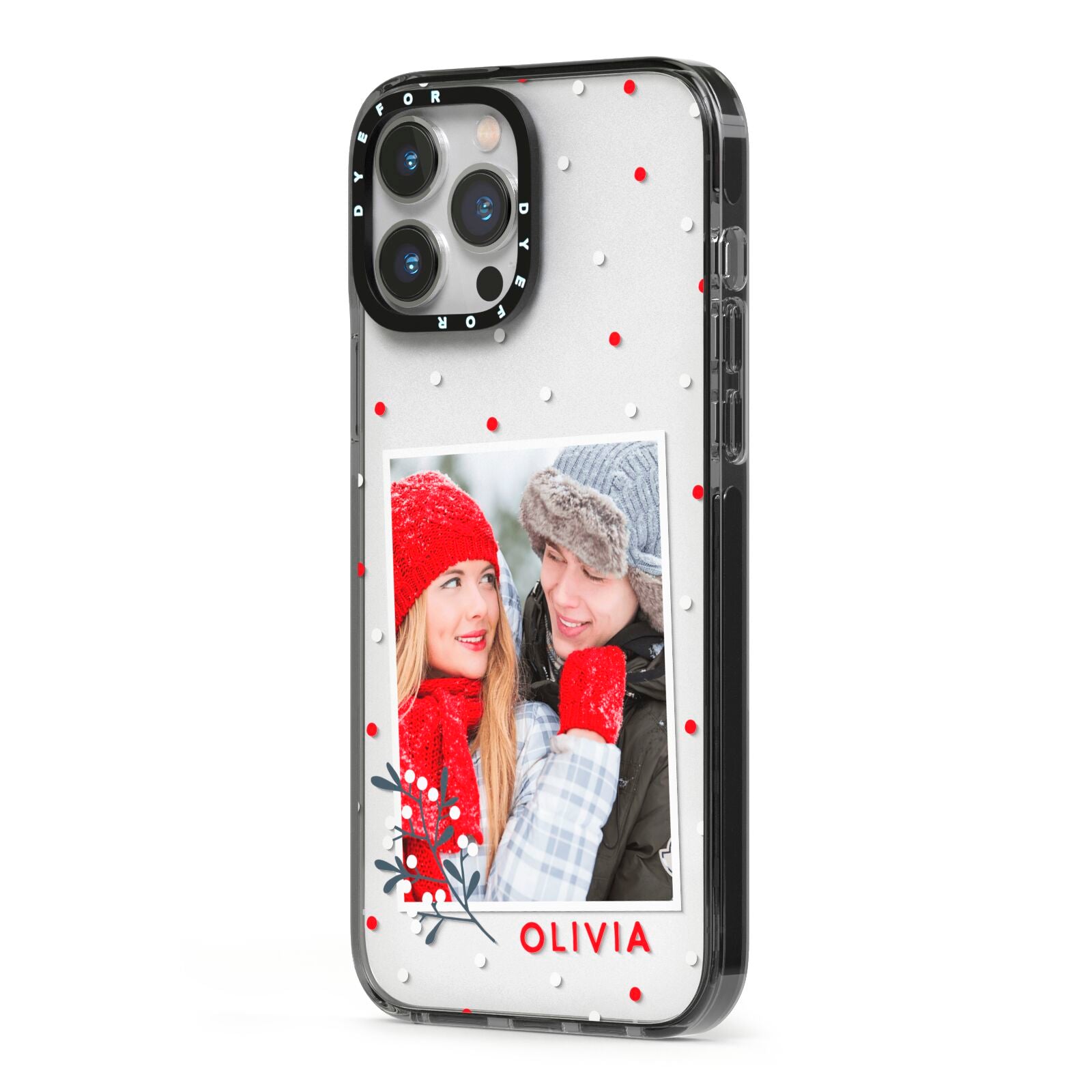 Christmas Personalised Photo iPhone 13 Pro Max Black Impact Case Side Angle on Silver phone