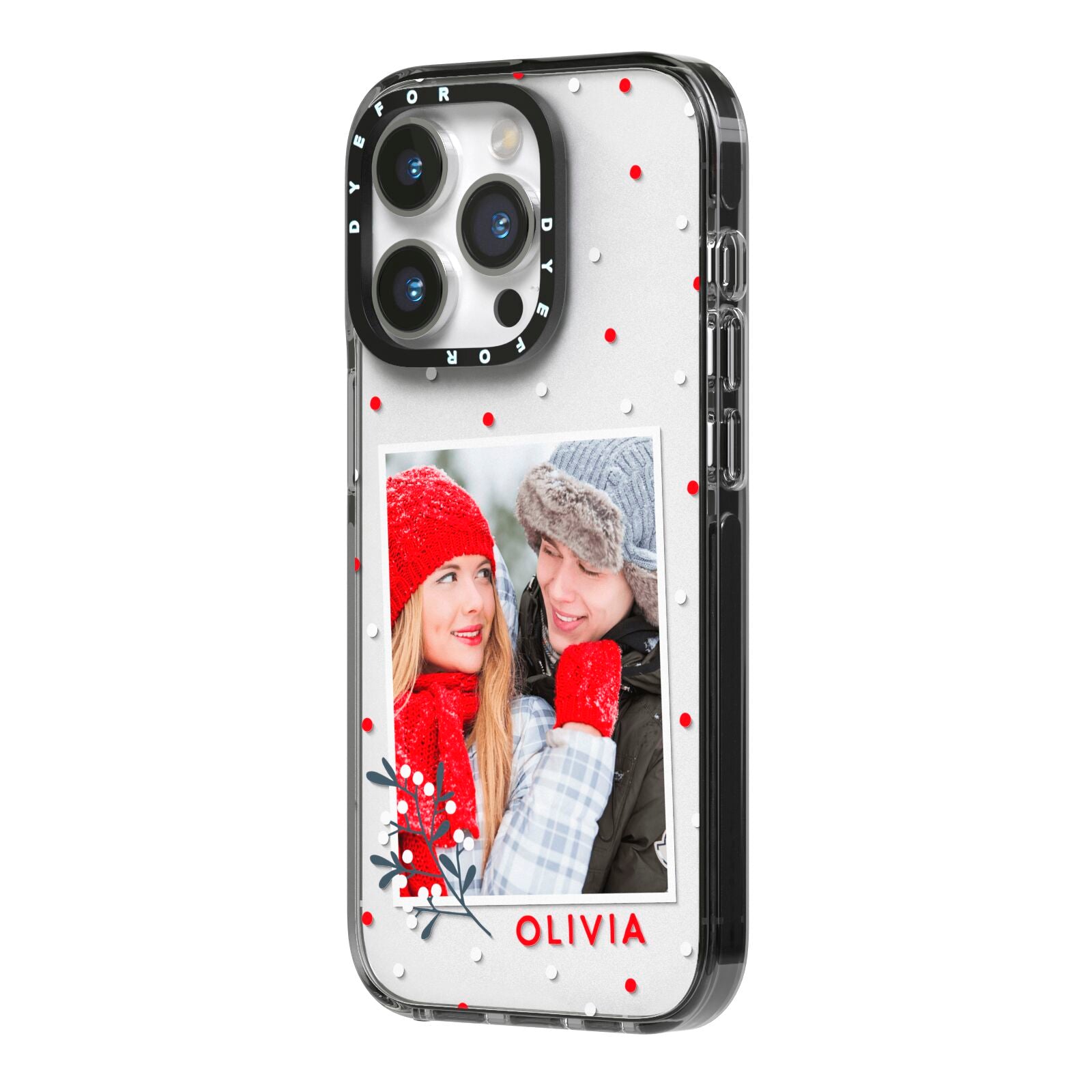 Christmas Personalised Photo iPhone 14 Pro Black Impact Case Side Angle on Silver phone