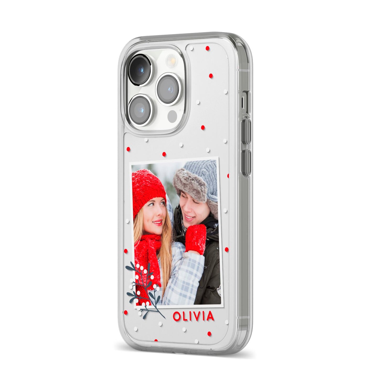 Christmas Personalised Photo iPhone 14 Pro Clear Tough Case Silver Angled Image