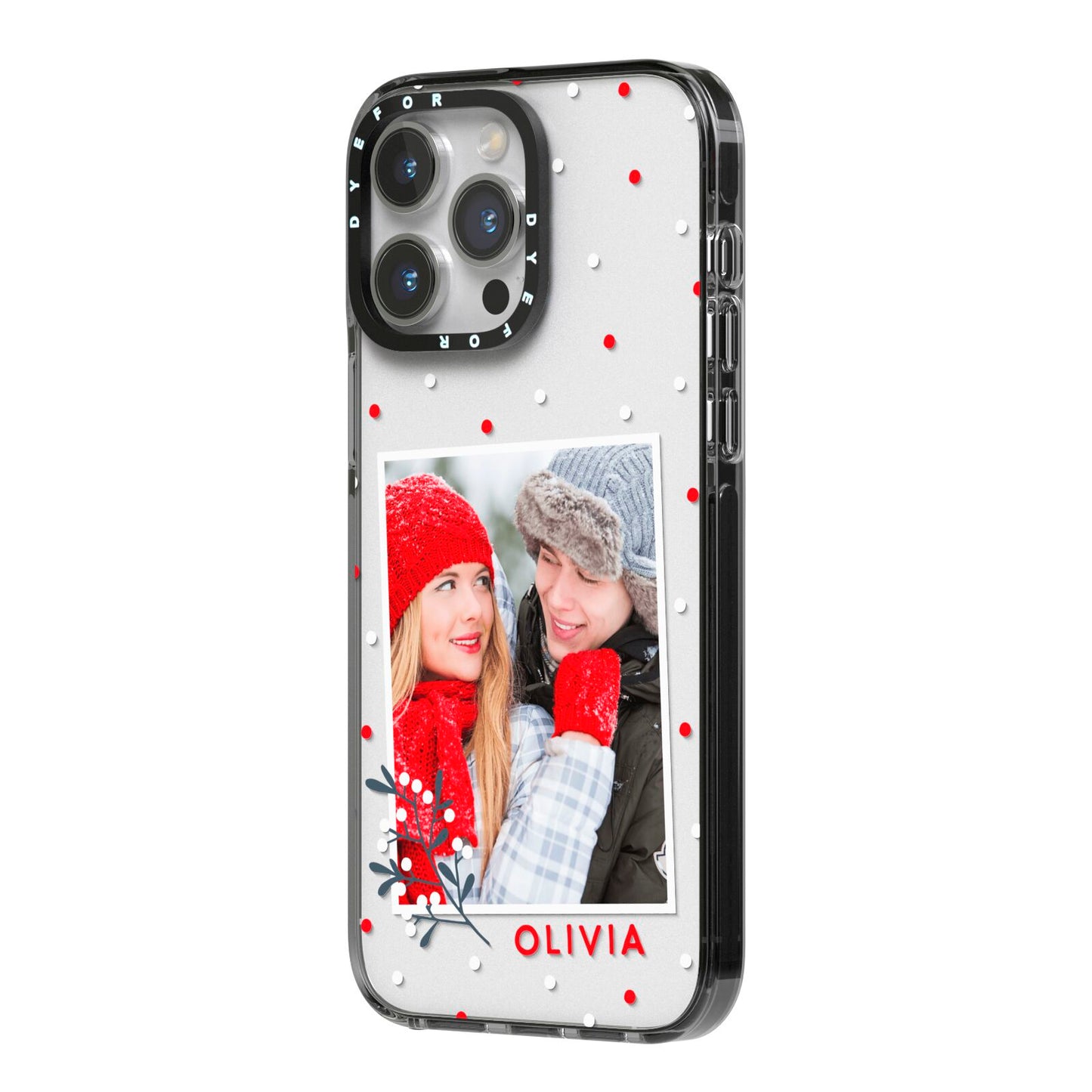 Christmas Personalised Photo iPhone 14 Pro Max Black Impact Case Side Angle on Silver phone
