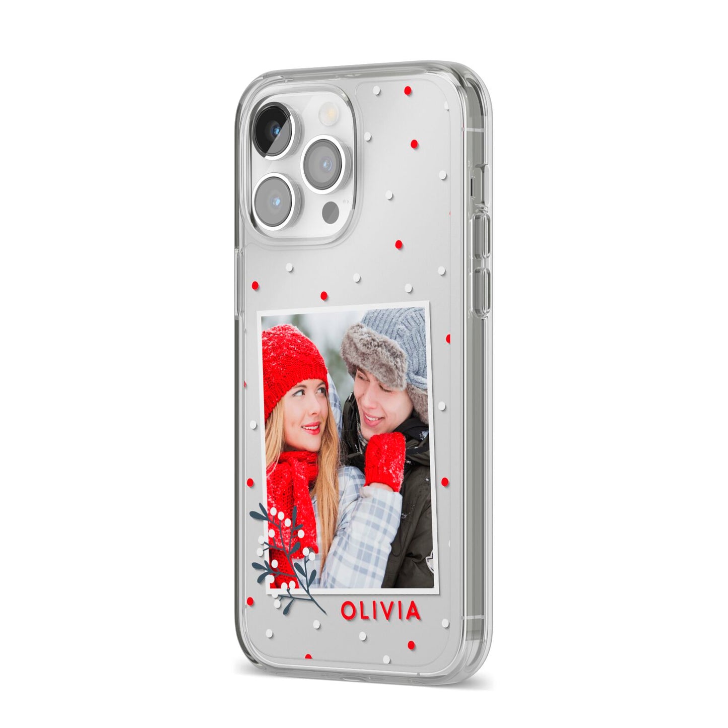 Christmas Personalised Photo iPhone 14 Pro Max Clear Tough Case Silver Angled Image
