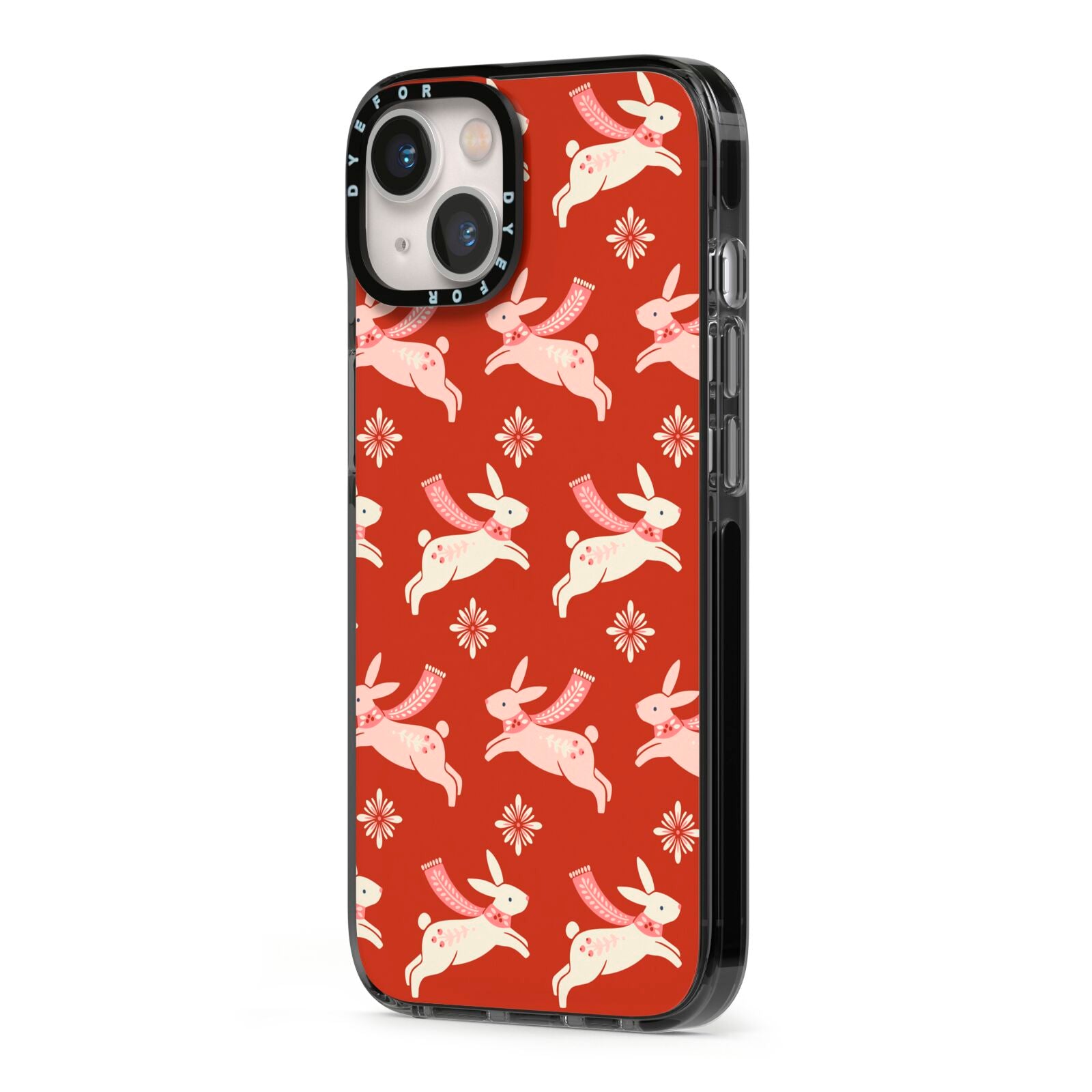 Christmas Rabbit iPhone 13 Black Impact Case Side Angle on Silver phone