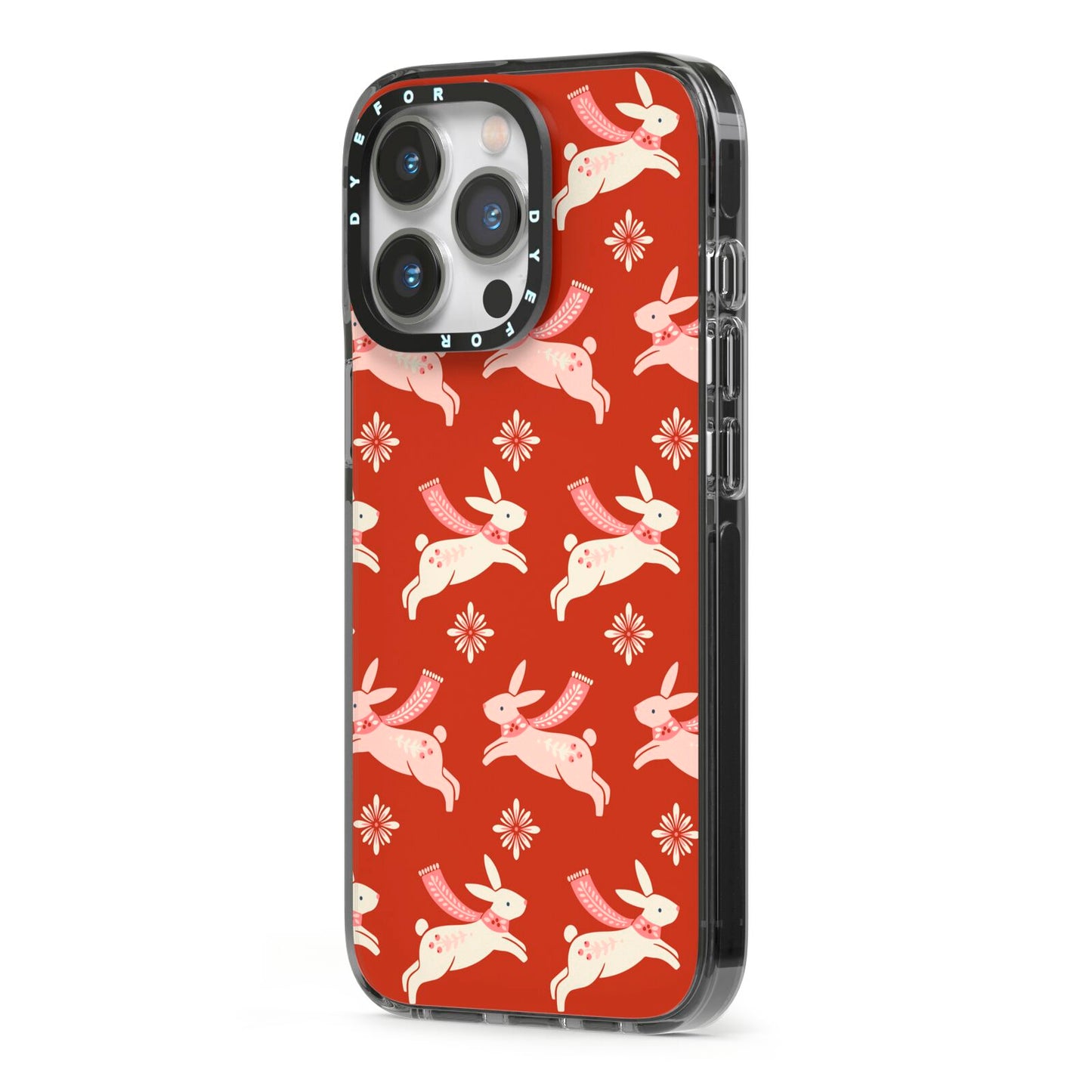 Christmas Rabbit iPhone 13 Pro Black Impact Case Side Angle on Silver phone
