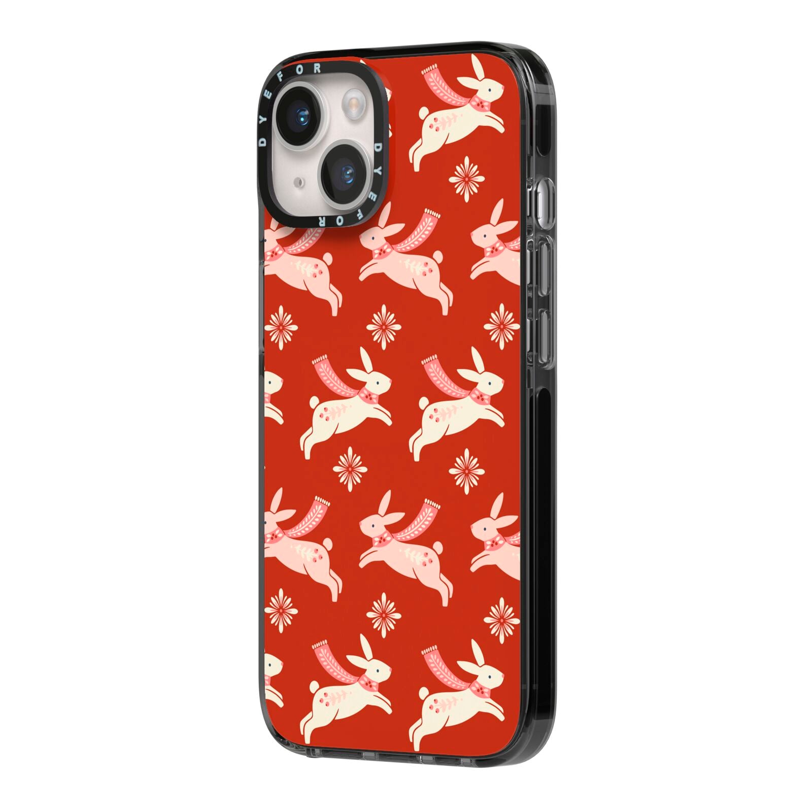 Christmas Rabbit iPhone 14 Black Impact Case Side Angle on Silver phone