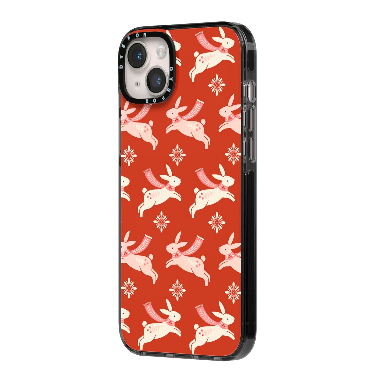 Christmas Rabbit iPhone 14 Plus Black Impact Case Side Angle on Silver phone