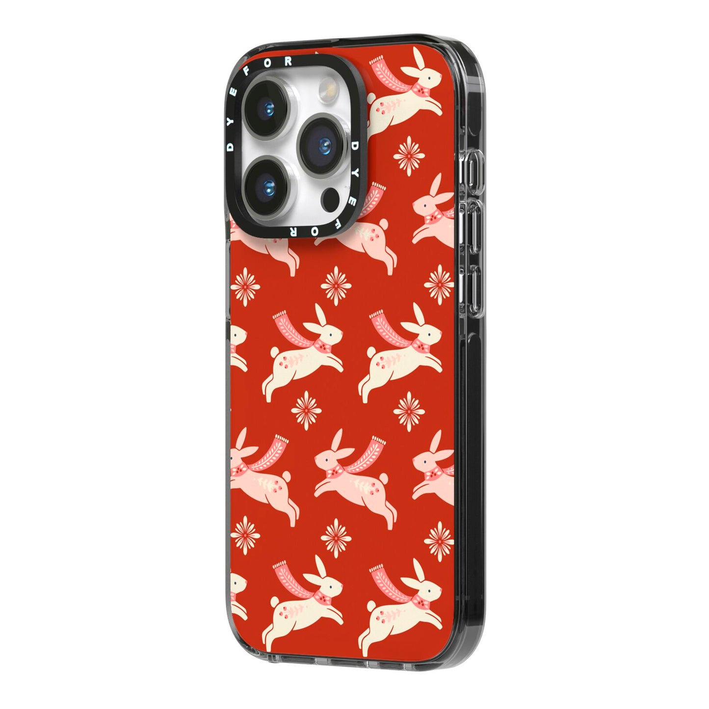 Christmas Rabbit iPhone 14 Pro Black Impact Case Side Angle on Silver phone
