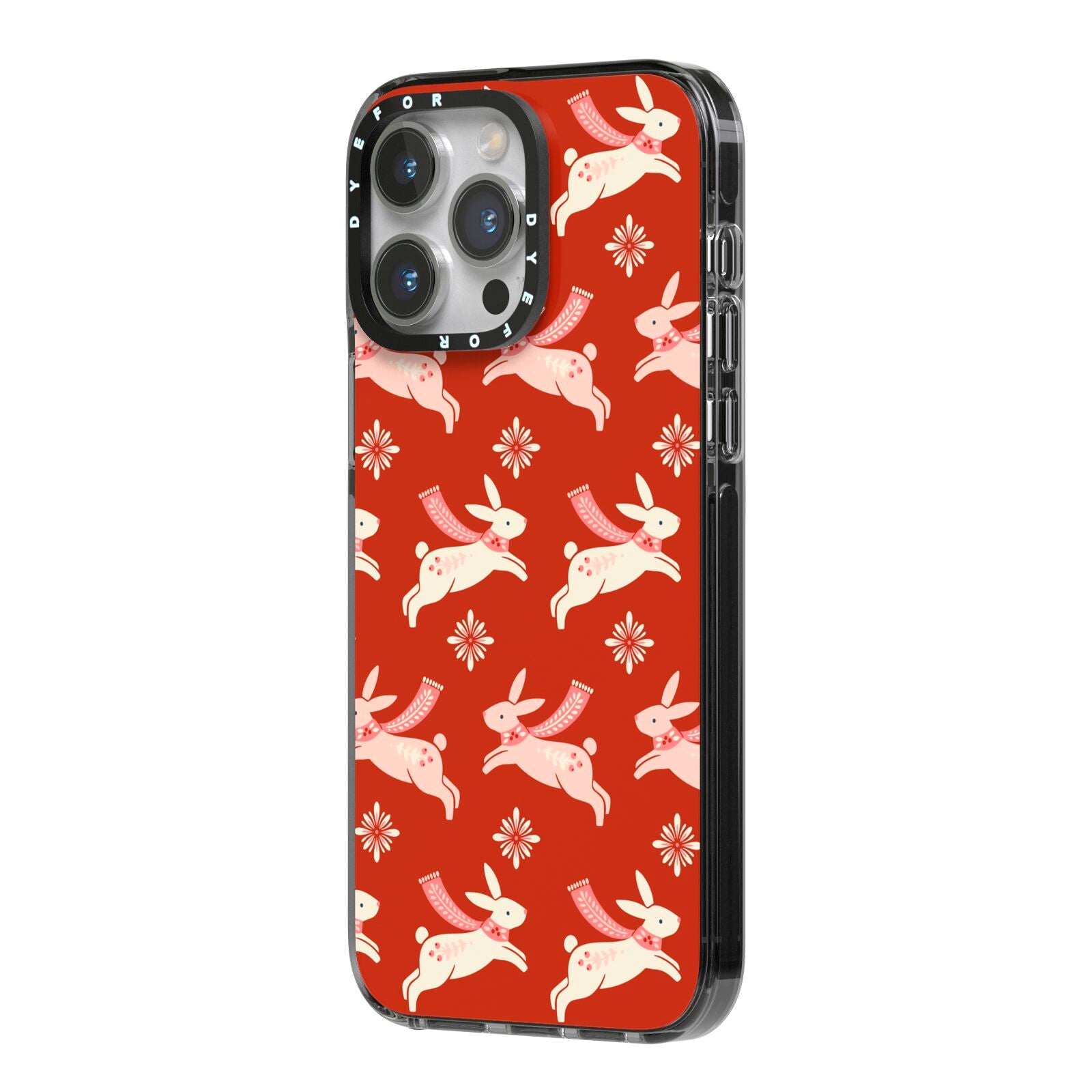 Christmas Rabbit iPhone 14 Pro Max Black Impact Case Side Angle on Silver phone