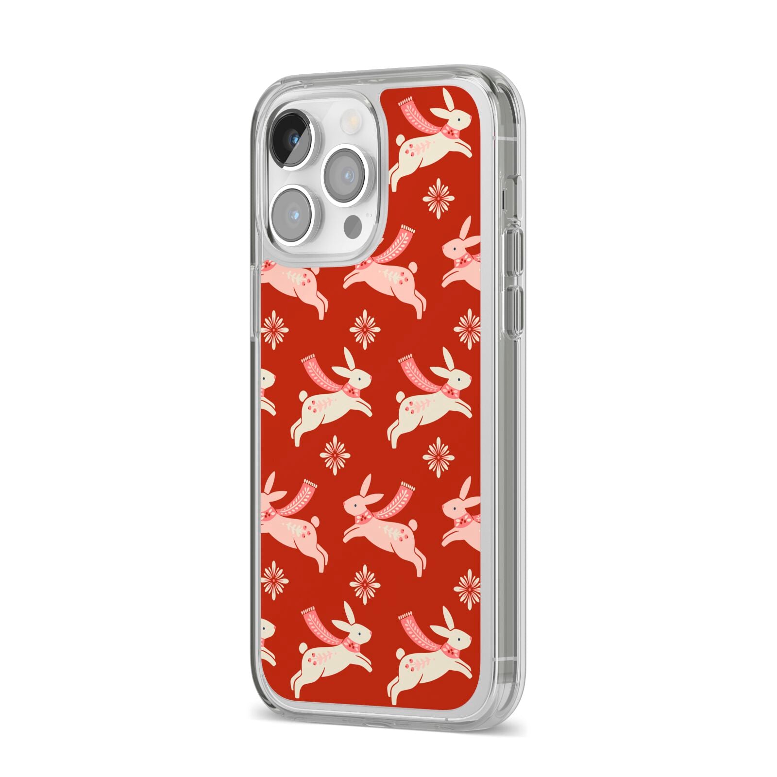 Christmas Rabbit iPhone 14 Pro Max Clear Tough Case Silver Angled Image