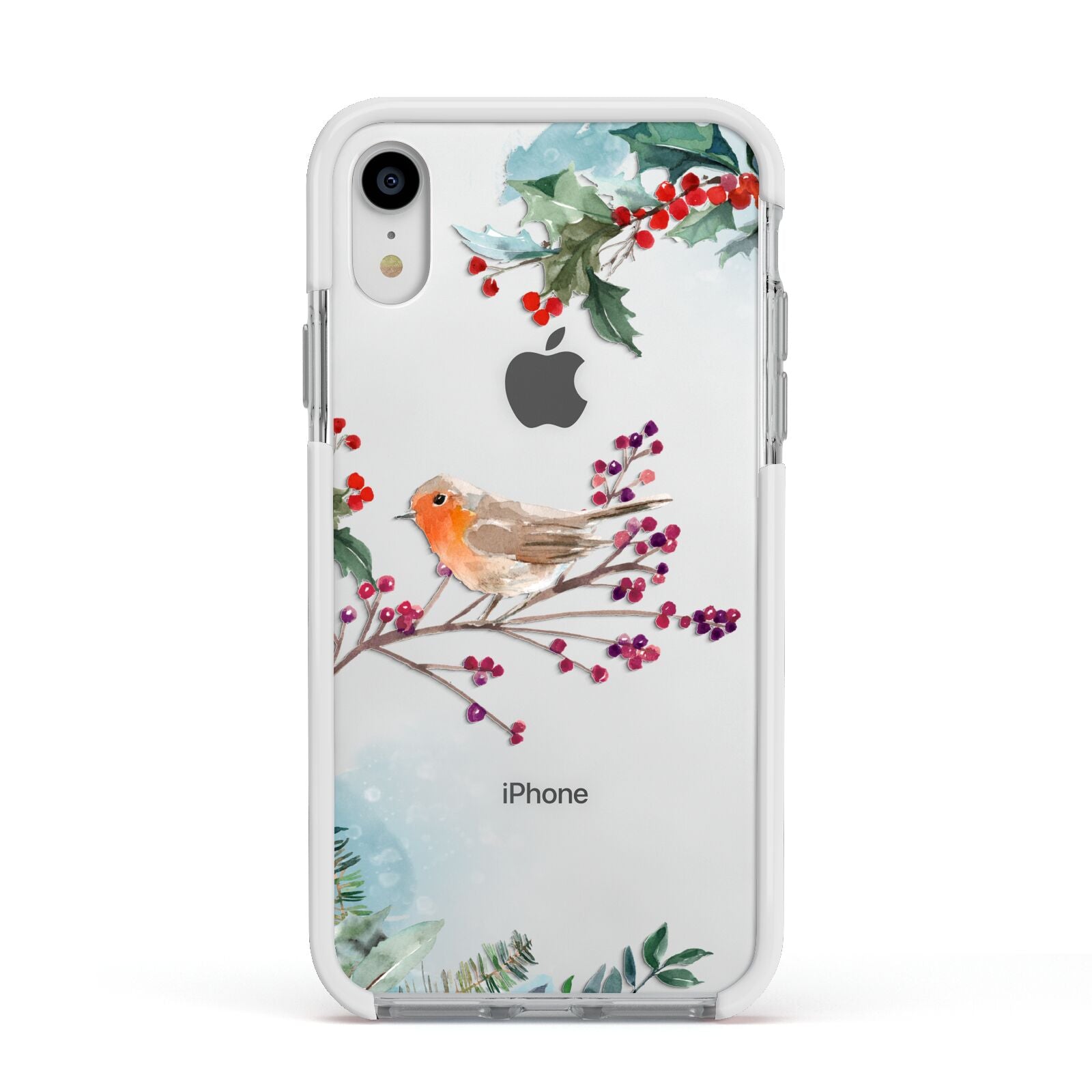 Christmas Robin Floral Apple iPhone XR Impact Case White Edge on Silver Phone