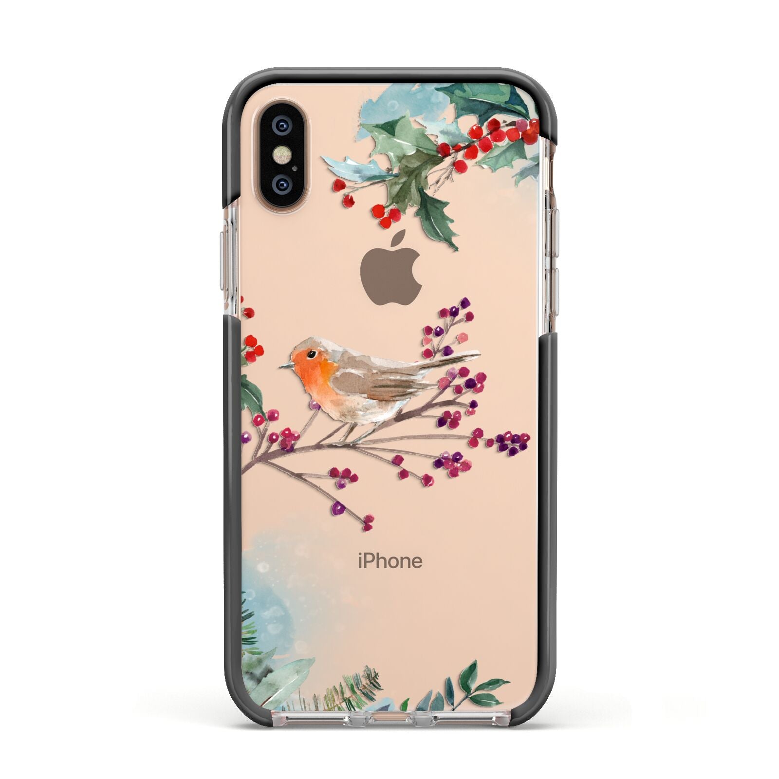 Christmas Robin Floral Apple iPhone Xs Impact Case Black Edge on Gold Phone