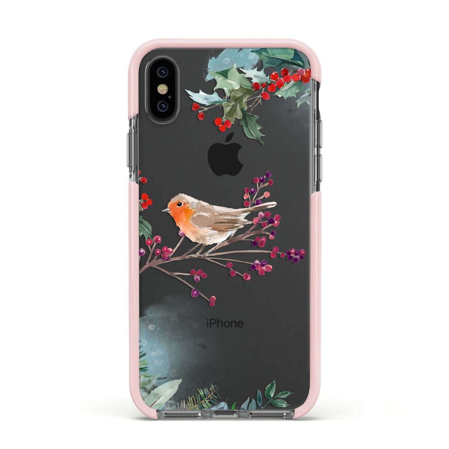 Christmas Robin Floral Apple iPhone Xs Impact Case Pink Edge on Black Phone