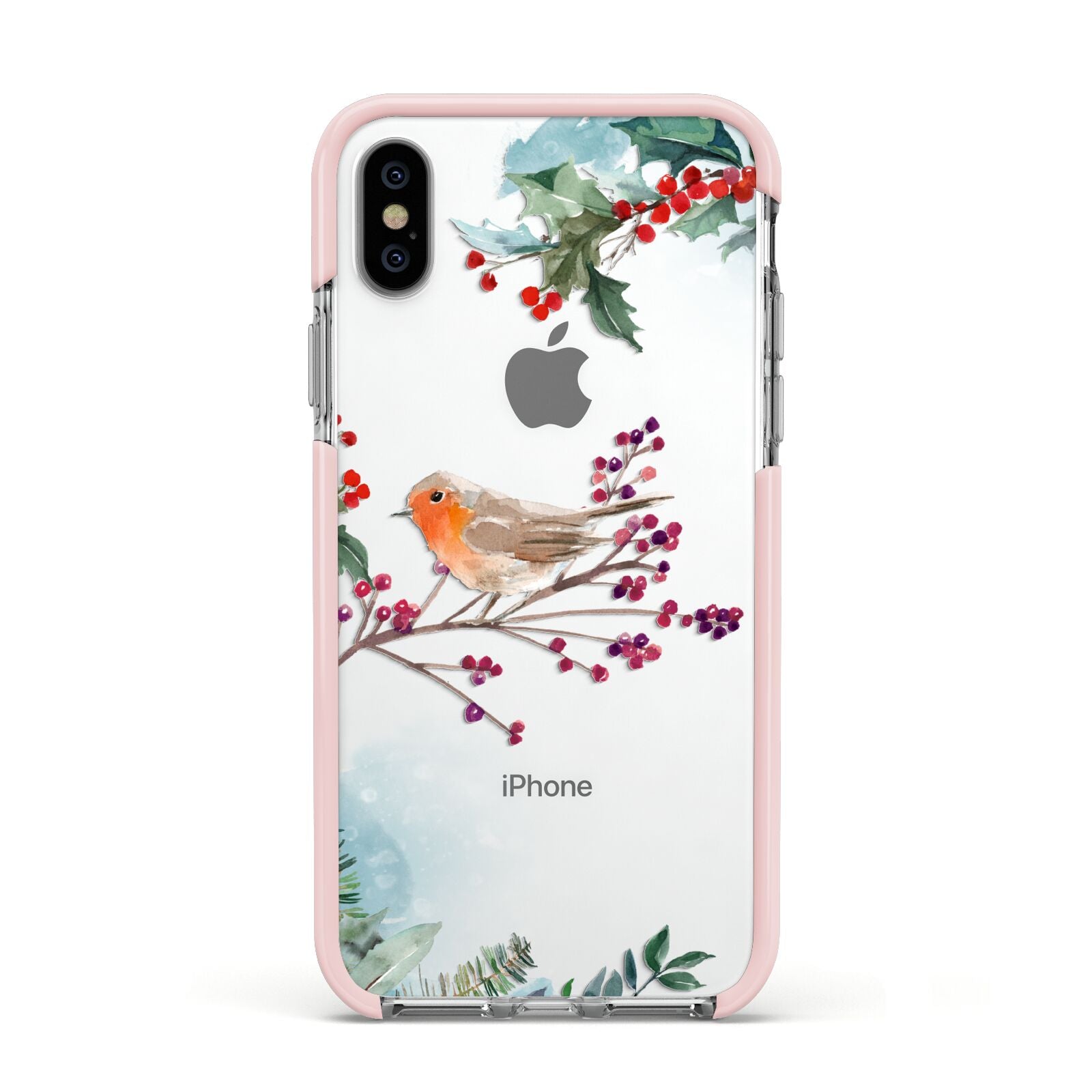 Christmas Robin Floral Apple iPhone Xs Impact Case Pink Edge on Silver Phone