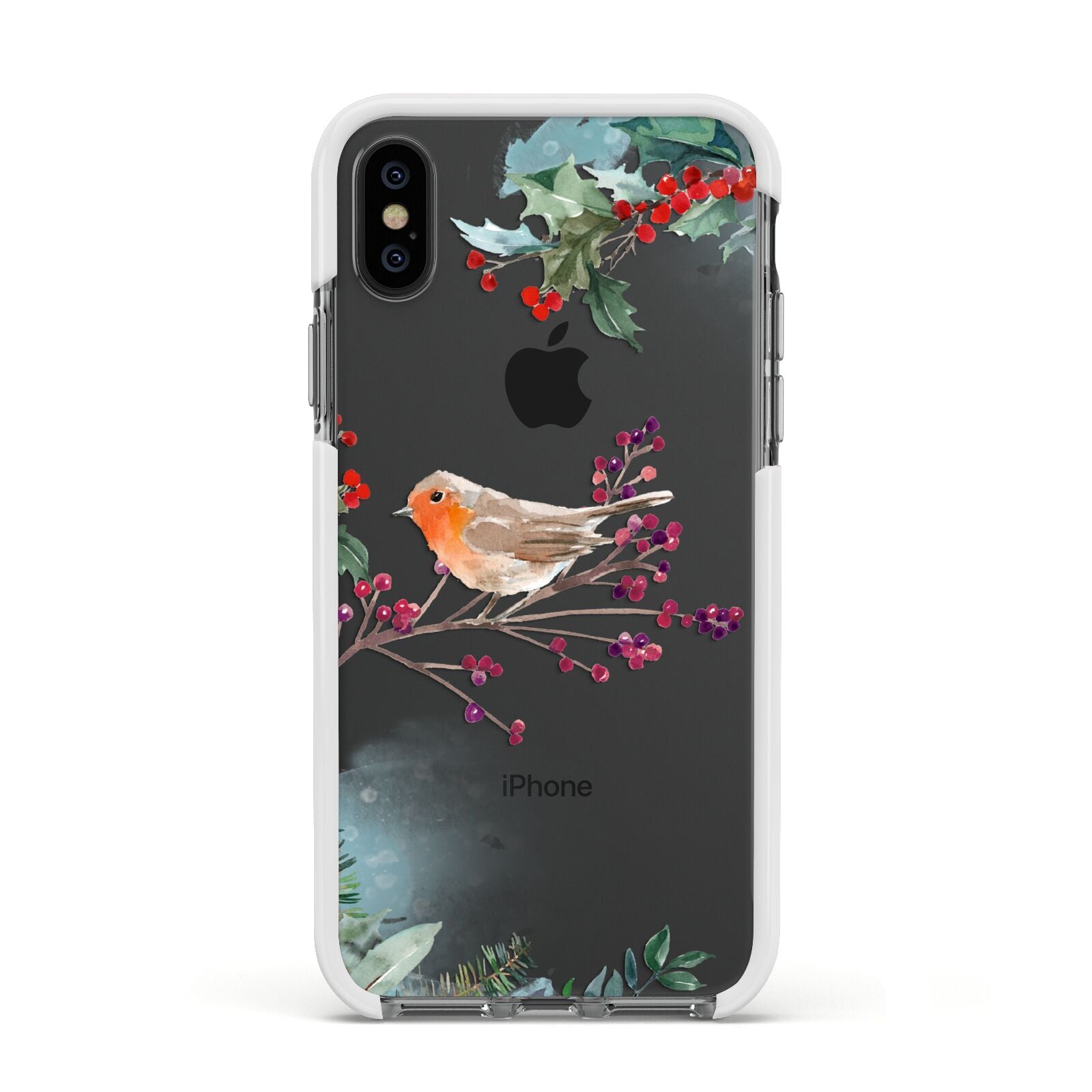 Christmas Robin Floral Apple iPhone Xs Impact Case White Edge on Black Phone