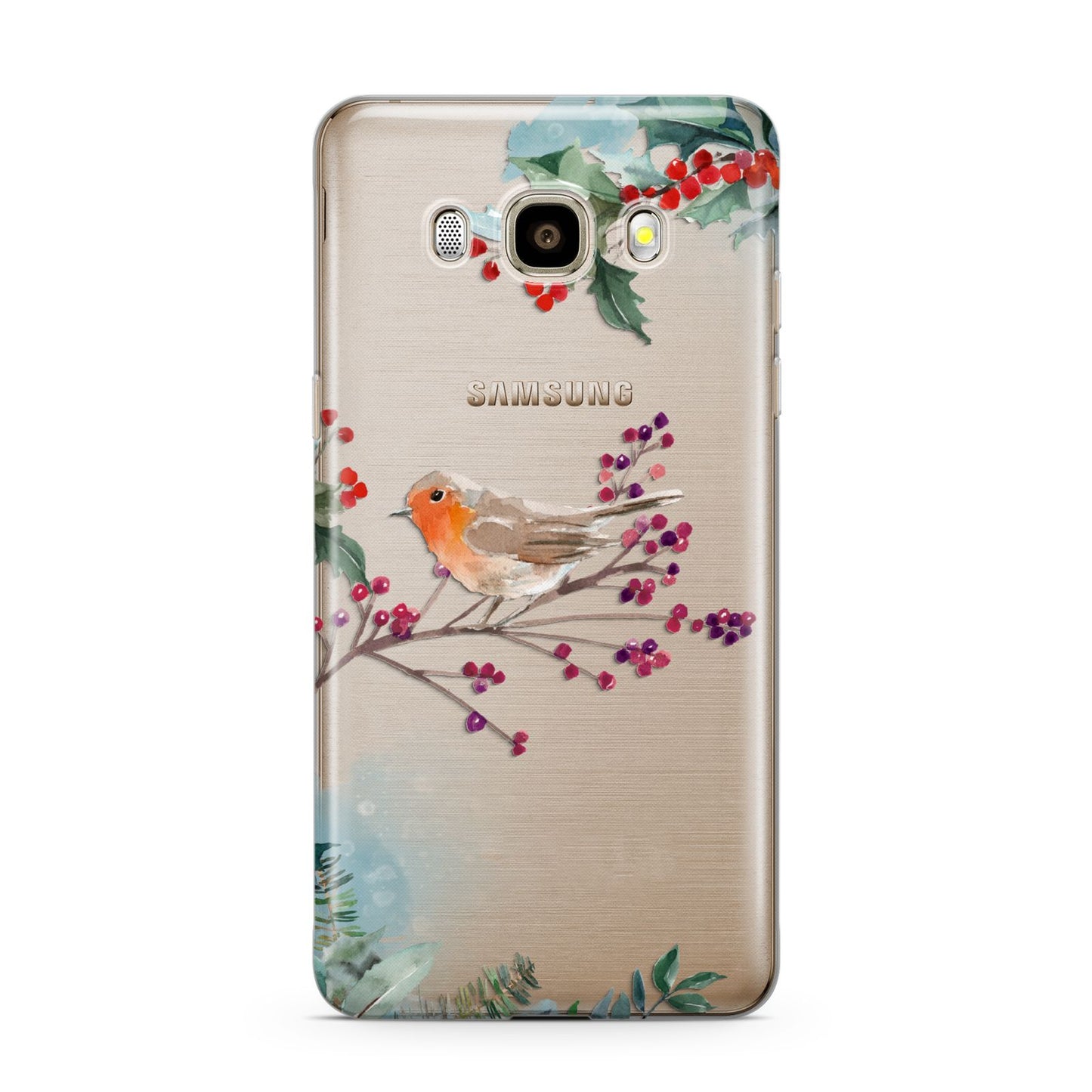 Christmas Robin Floral Samsung Galaxy J7 2016 Case on gold phone