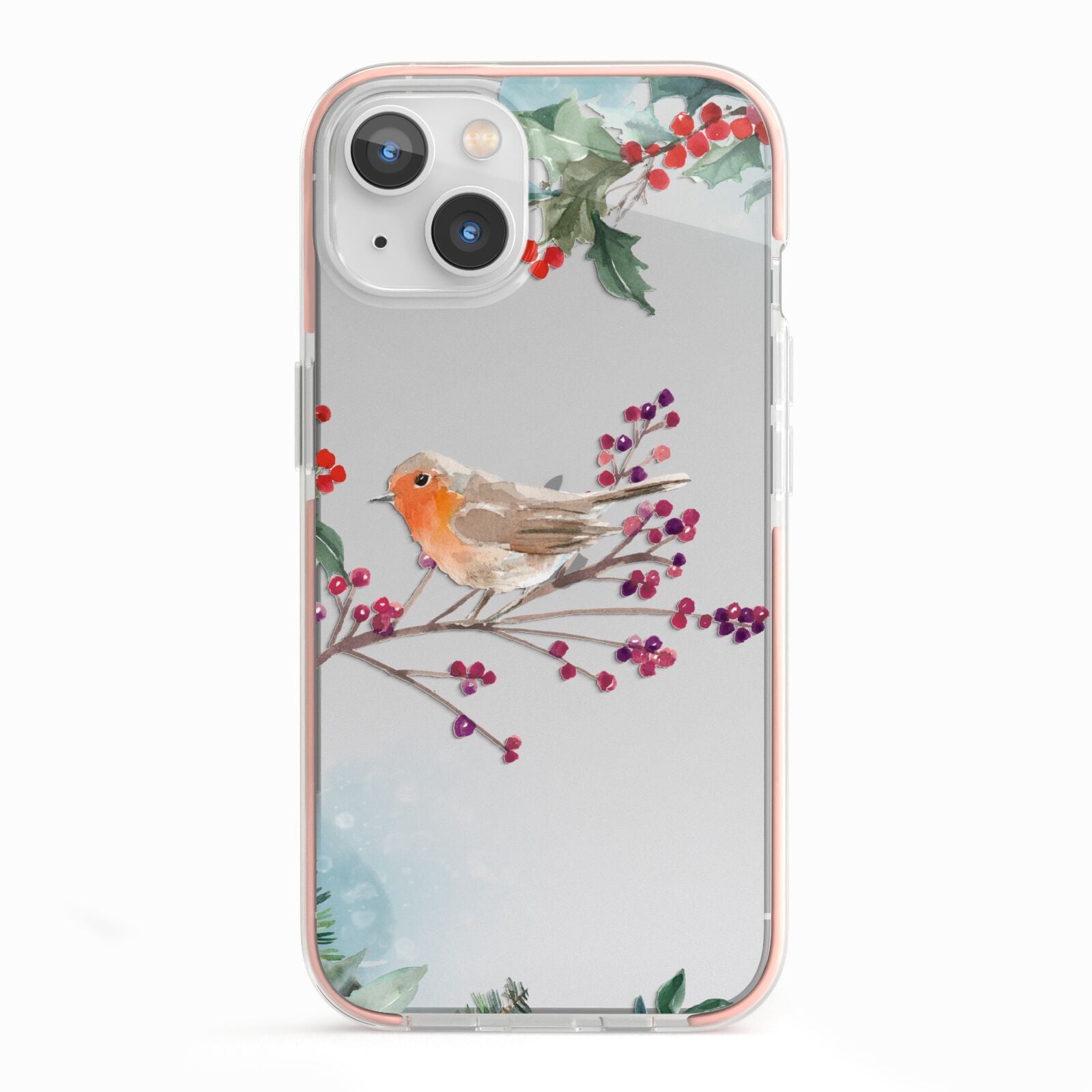 Christmas Robin Floral iPhone 13 TPU Impact Case with Pink Edges
