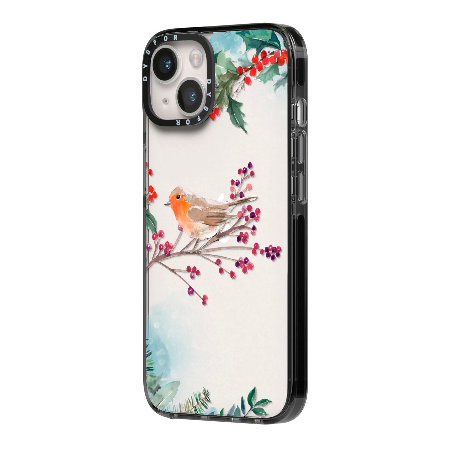 Christmas Robin Floral iPhone 14 Black Impact Case Side Angle on Silver phone