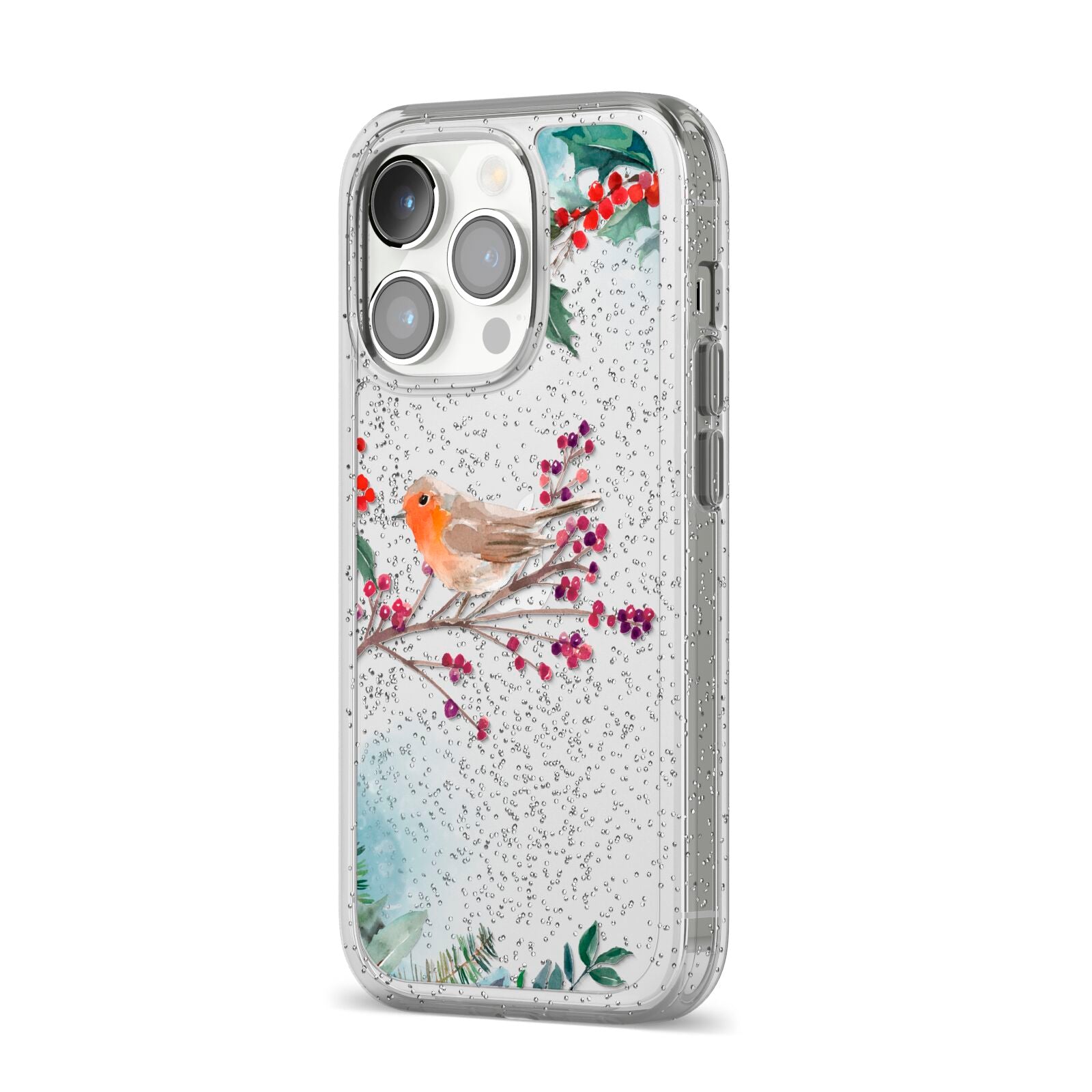 Christmas Robin Floral iPhone 14 Pro Glitter Tough Case Silver Angled Image