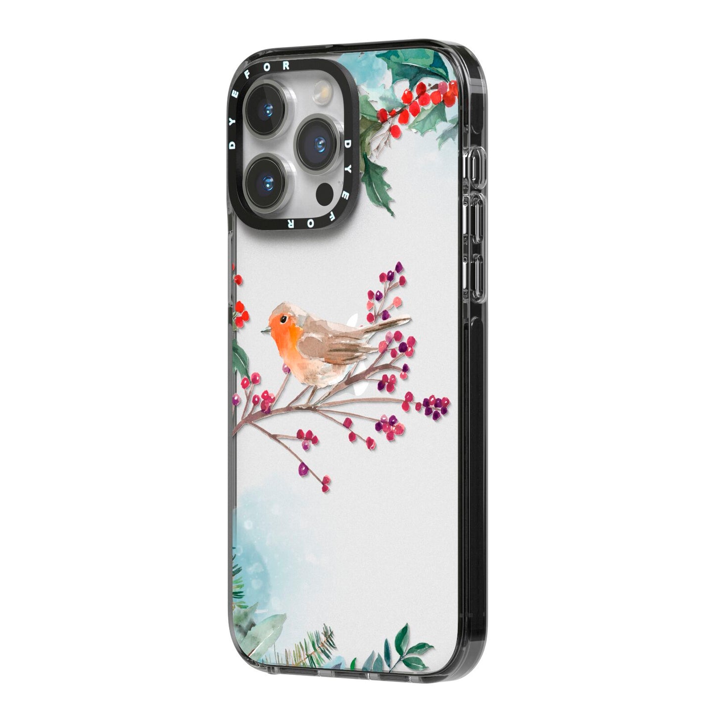 Christmas Robin Floral iPhone 14 Pro Max Black Impact Case Side Angle on Silver phone